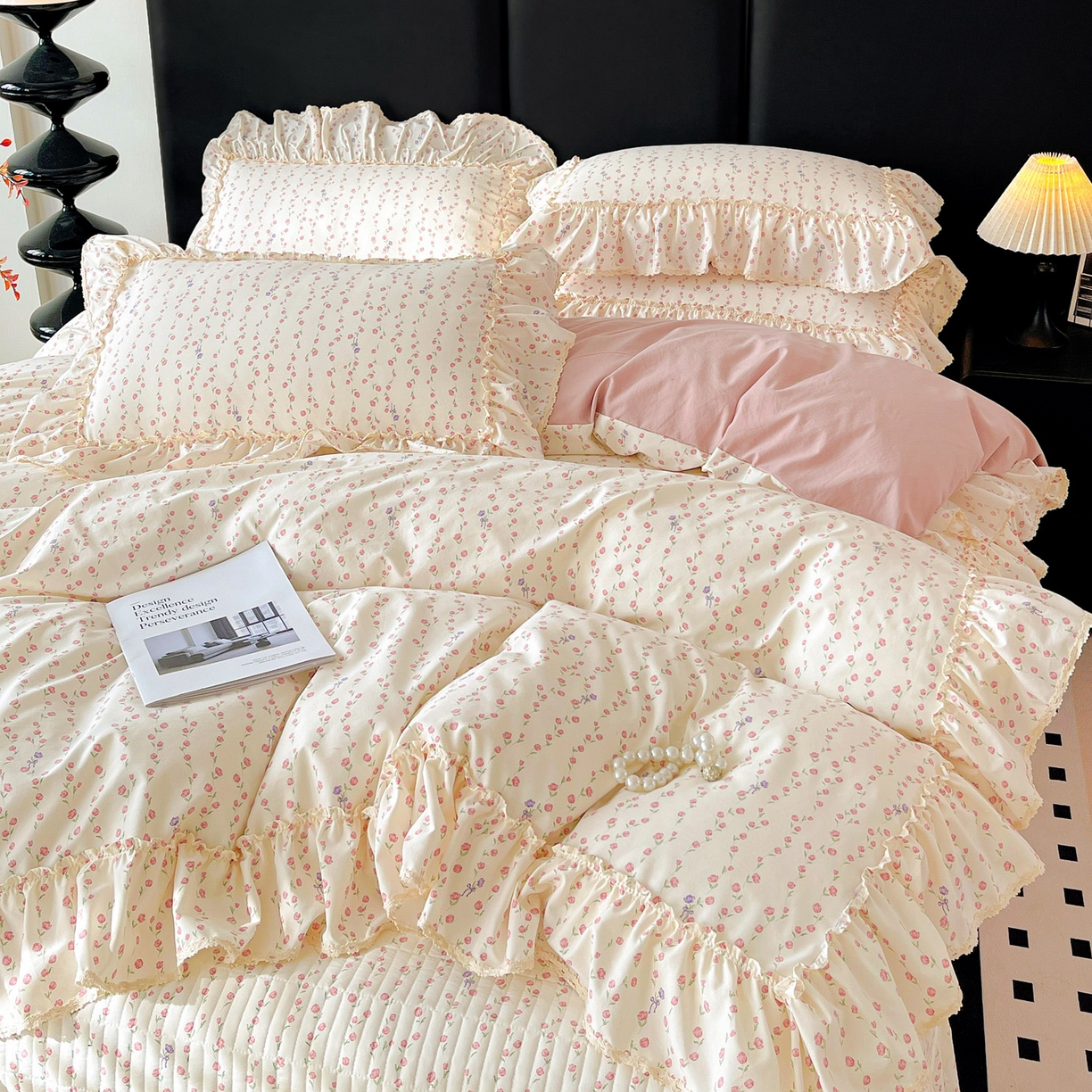 91家纺网 家纺一手货源 找家纺 富米莱（原臻工厂） 2026新款法式大花边A类古法仿棉云感纱床盖床裙四件套 大花边-花梦蔓