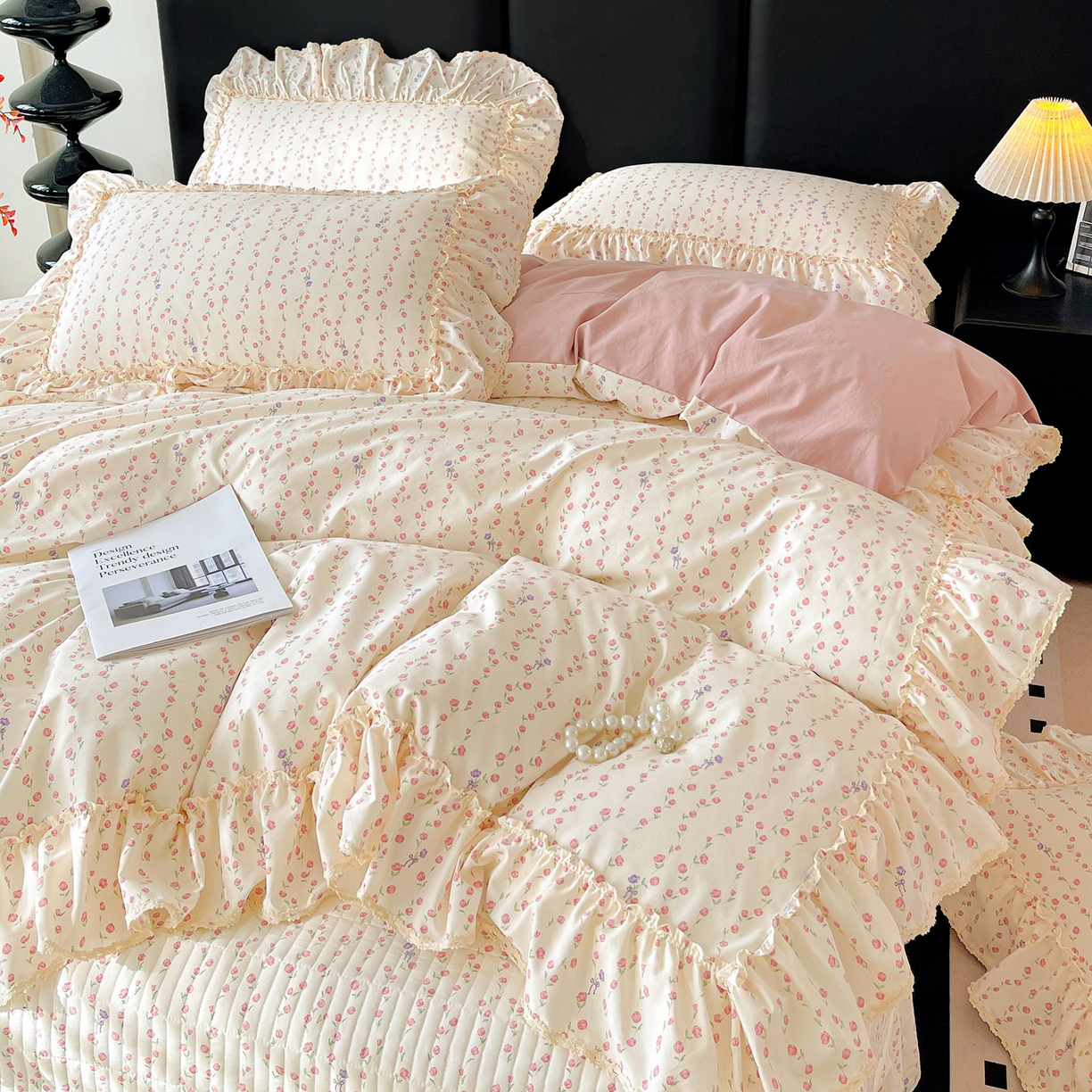 91家纺网 家纺一手货源 找家纺 富米莱（原臻工厂） 2026新款法式大花边A类古法仿棉云感纱床盖床裙四件套 大花边-花梦蔓