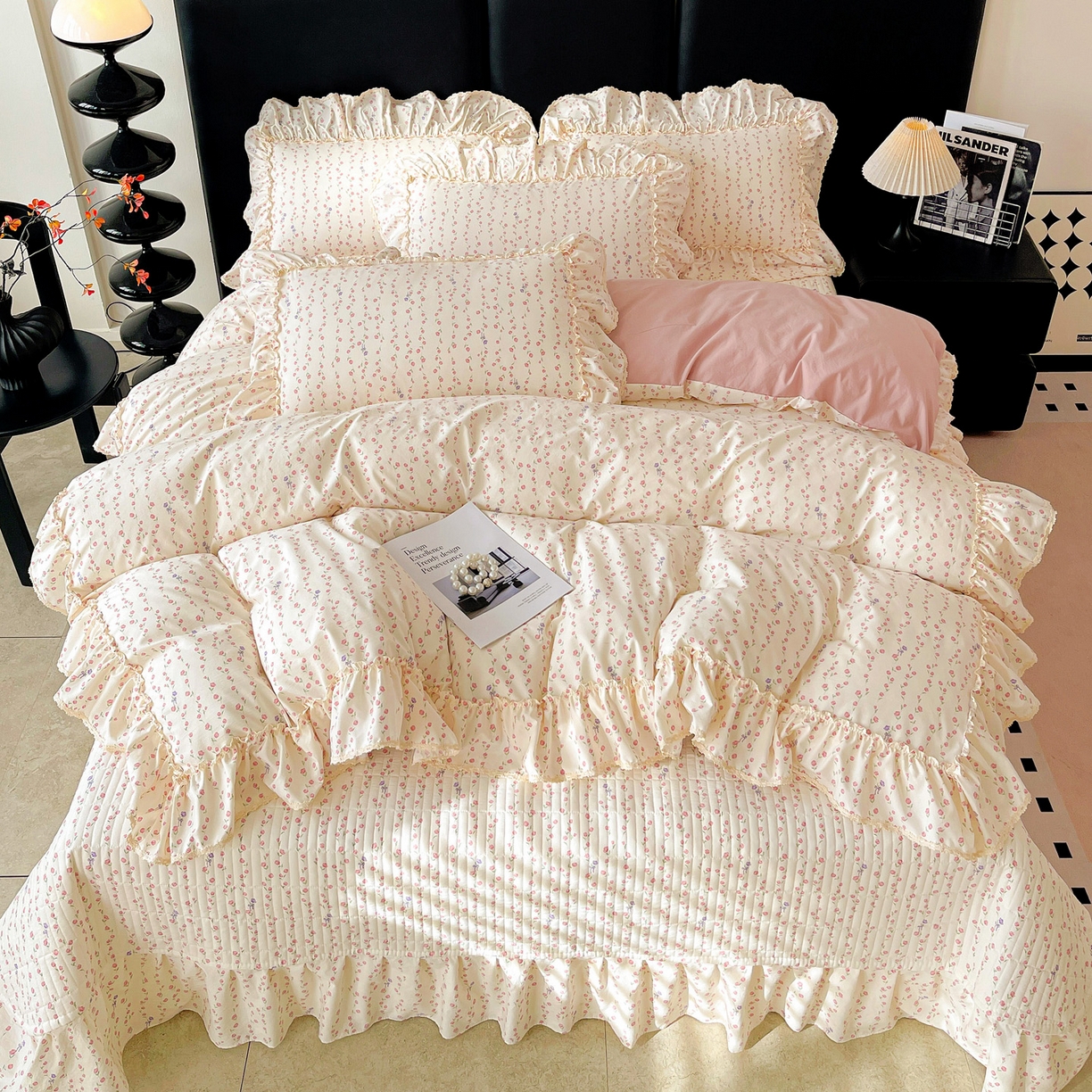 91家纺网 家纺一手货源 找家纺 富米莱（原臻工厂） 2026新款法式大花边A类古法仿棉云感纱床盖床裙四件套 大花边-花梦蔓