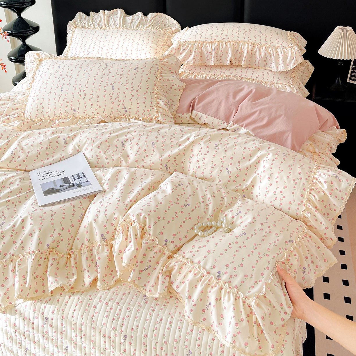 91家纺网 家纺一手货源 找家纺 富米莱（原臻工厂） 2026新款法式大花边A类古法仿棉云感纱床盖床裙四件套 大花边-花梦蔓