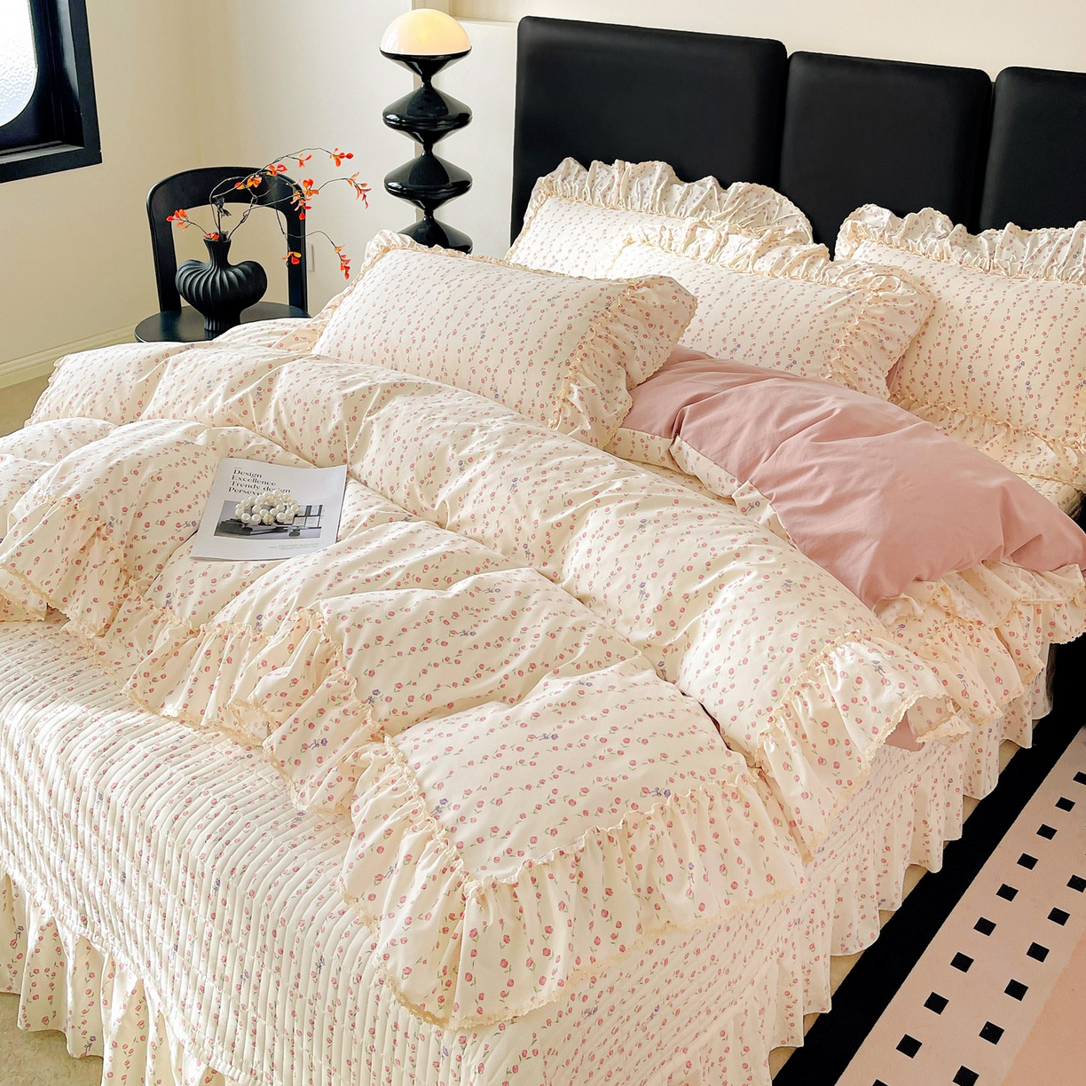 91家纺网 家纺一手货源 找家纺 富米莱（原臻工厂） 2026新款法式大花边A类古法仿棉云感纱床盖床裙四件套 大花边-花梦蔓