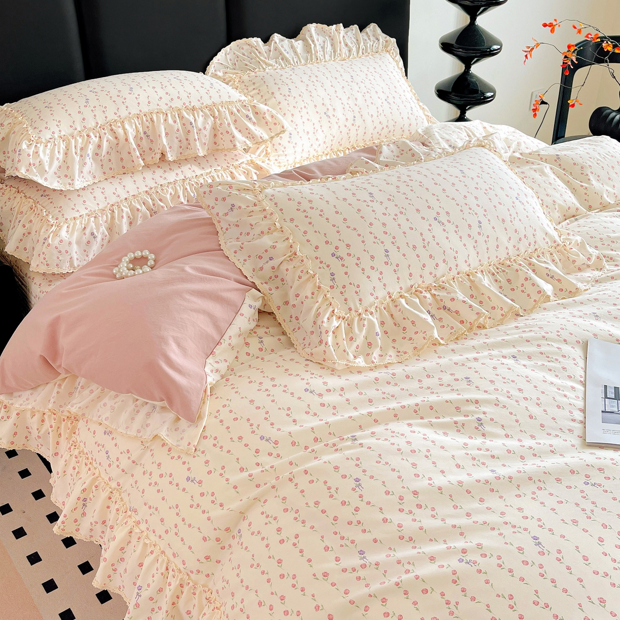 91家纺网 家纺一手货源 找家纺 富米莱（原臻工厂） 2026新款法式大花边A类古法仿棉云感纱床盖床裙四件套 大花边-花梦蔓