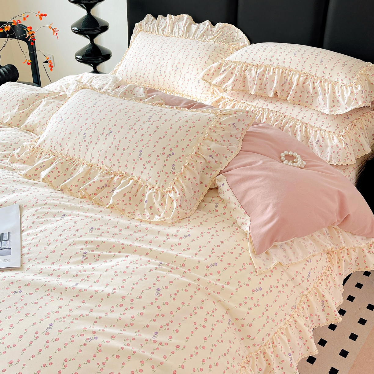 91家纺网 家纺一手货源 找家纺 富米莱（原臻工厂） 2026新款法式大花边A类古法仿棉云感纱床盖床裙四件套 大花边-花梦蔓