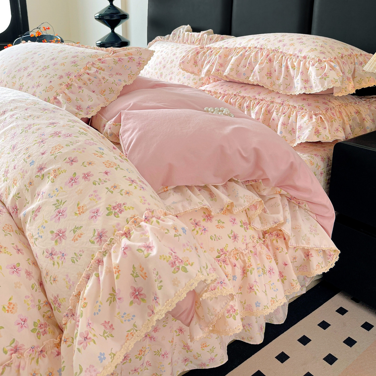 富米莱（原臻工厂） 2026新款法式大花边A类古法仿棉云感纱床盖床裙四件套 大花边-花意飘香