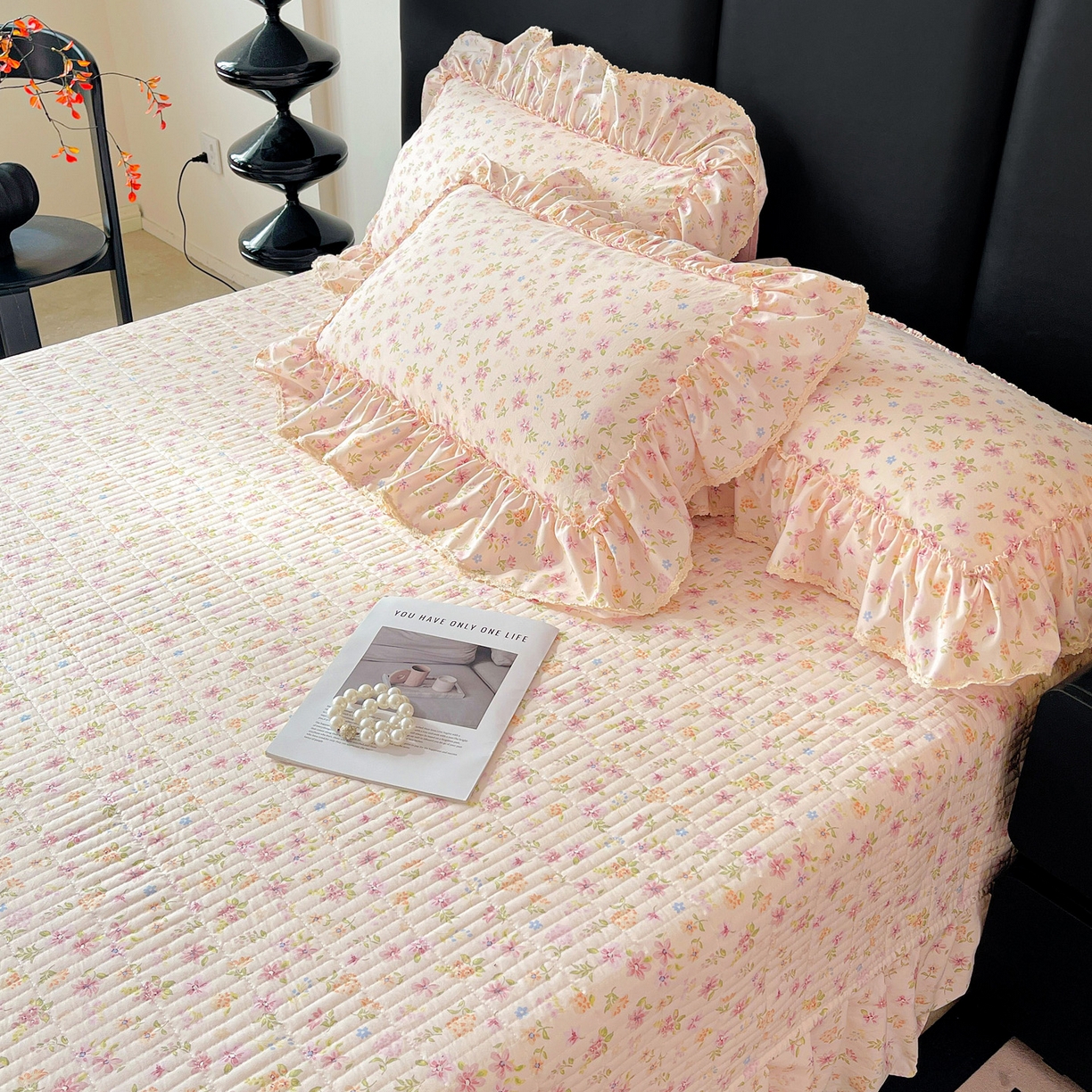 91家纺网 家纺一手货源 找家纺 富米莱（原臻工厂） 2026新款法式大花边A类古法仿棉云感纱床盖床裙四件套 大花边-花意飘香