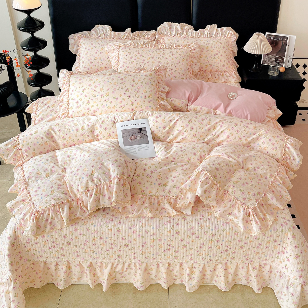 91家纺网 家纺一手货源 找家纺 富米莱（原臻工厂） 2026新款法式大花边A类古法仿棉云感纱床盖床裙四件套 大花边-花意飘香