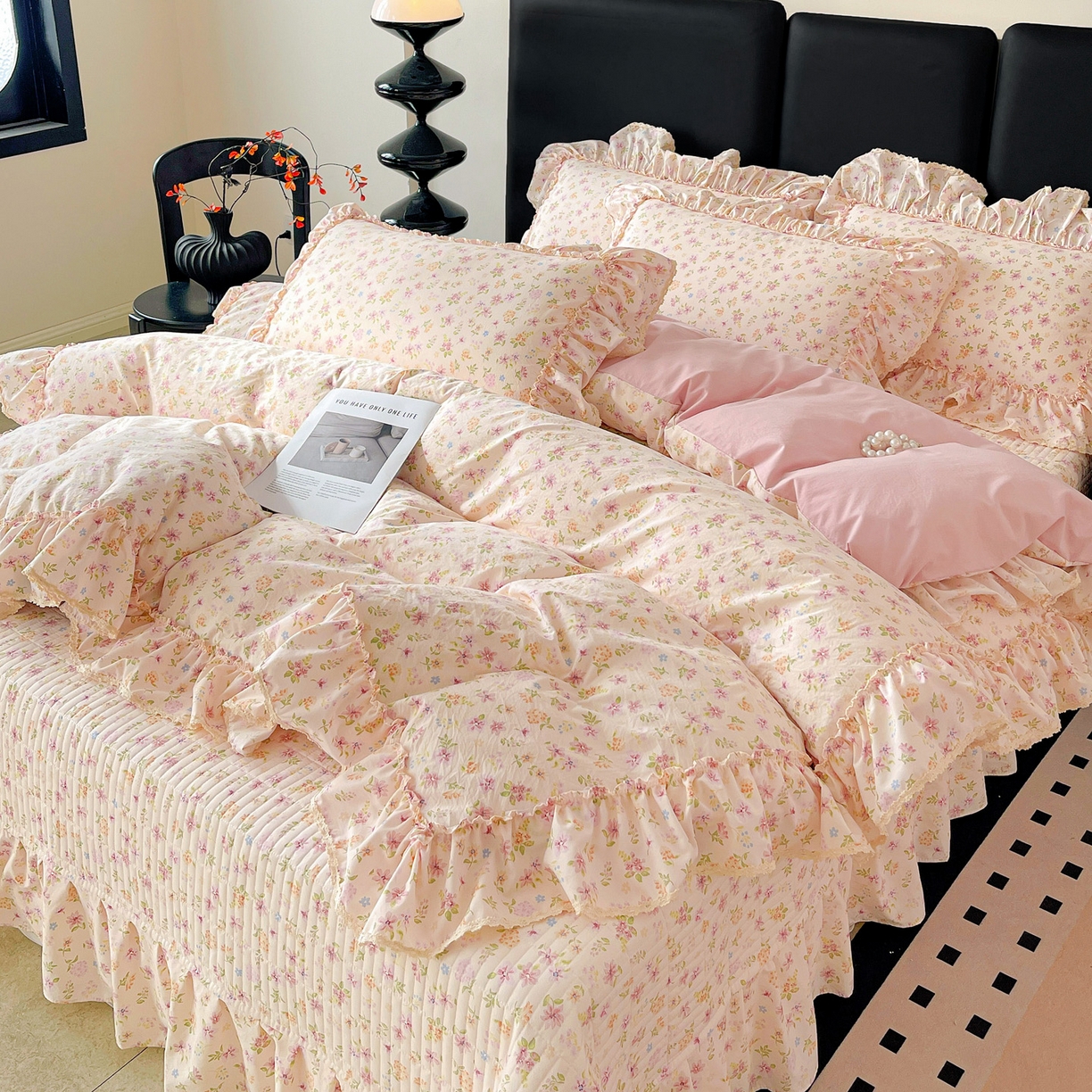 91家纺网 家纺一手货源 找家纺 富米莱（原臻工厂） 2026新款法式大花边A类古法仿棉云感纱床盖床裙四件套 大花边-花意飘香