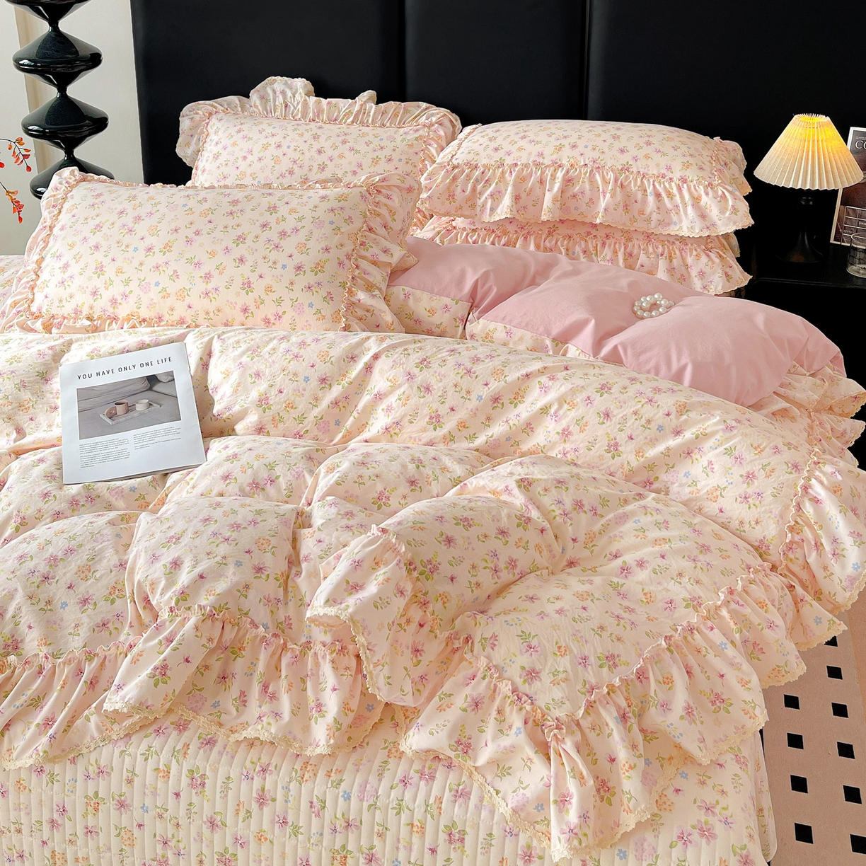 91家纺网 家纺一手货源 找家纺 富米莱（原臻工厂） 2026新款法式大花边A类古法仿棉云感纱床盖床裙四件套 大花边-花意飘香