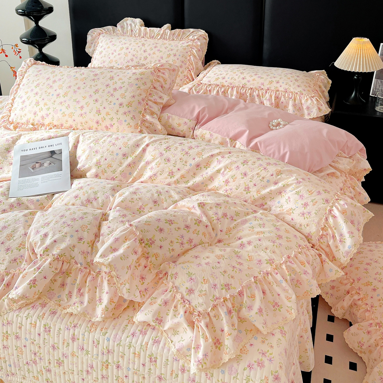 91家纺网 家纺一手货源 找家纺 富米莱（原臻工厂） 2026新款法式大花边A类古法仿棉云感纱床盖床裙四件套 大花边-花意飘香