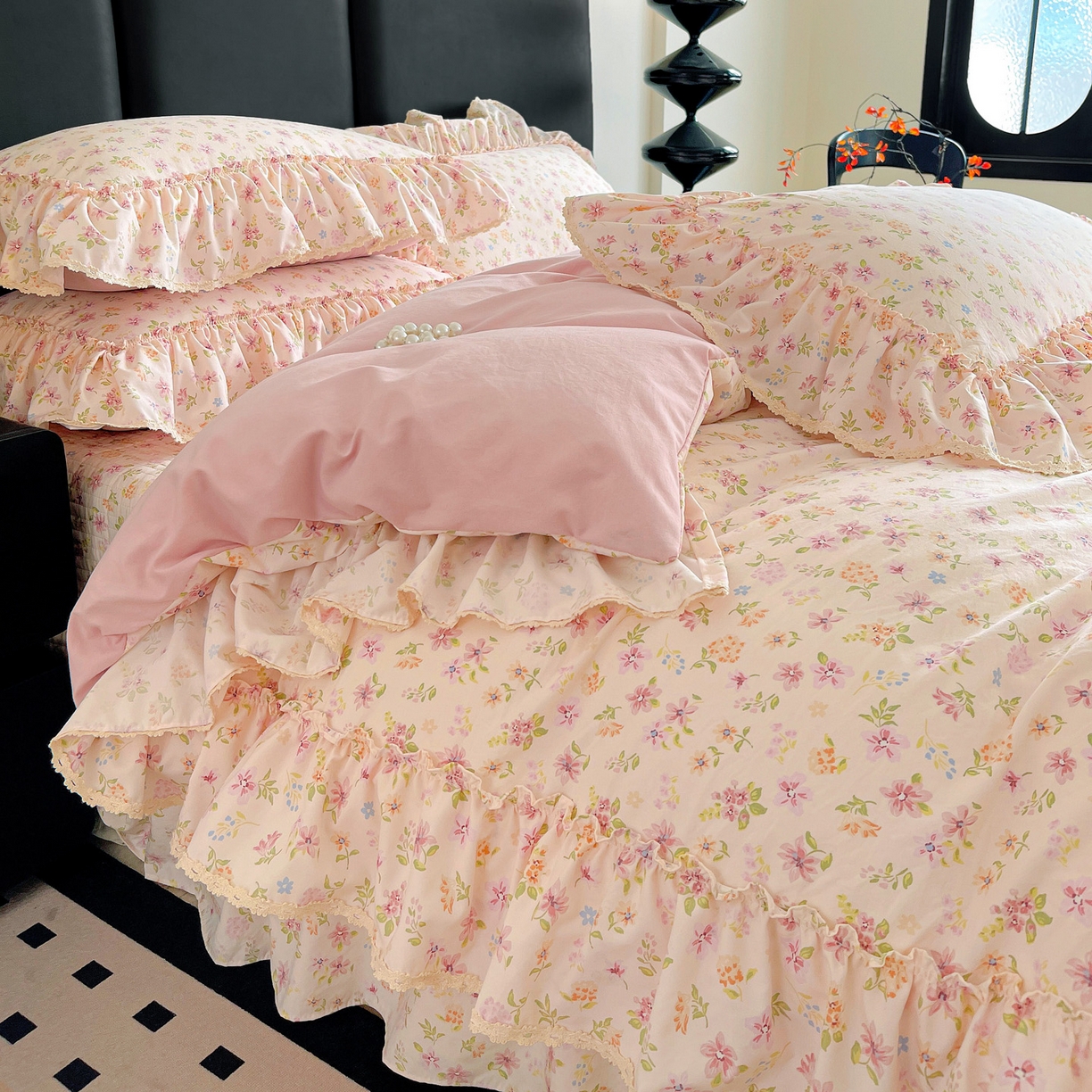 91家纺网 家纺一手货源 找家纺 富米莱（原臻工厂） 2026新款法式大花边A类古法仿棉云感纱床盖床裙四件套 大花边-花意飘香