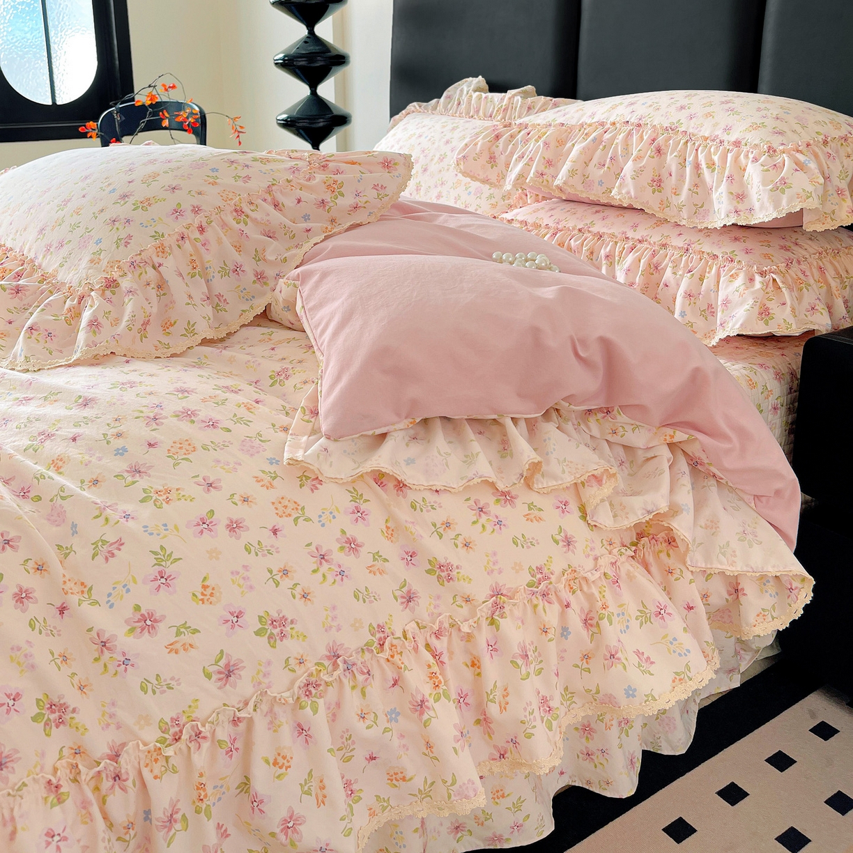 91家纺网 家纺一手货源 找家纺 富米莱（原臻工厂） 2026新款法式大花边A类古法仿棉云感纱床盖床裙四件套 大花边-花意飘香