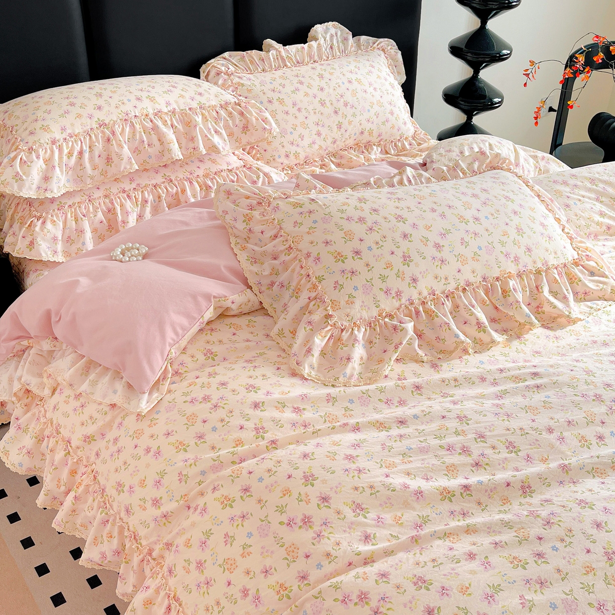 91家纺网 家纺一手货源 找家纺 富米莱（原臻工厂） 2026新款法式大花边A类古法仿棉云感纱床盖床裙四件套 大花边-花意飘香