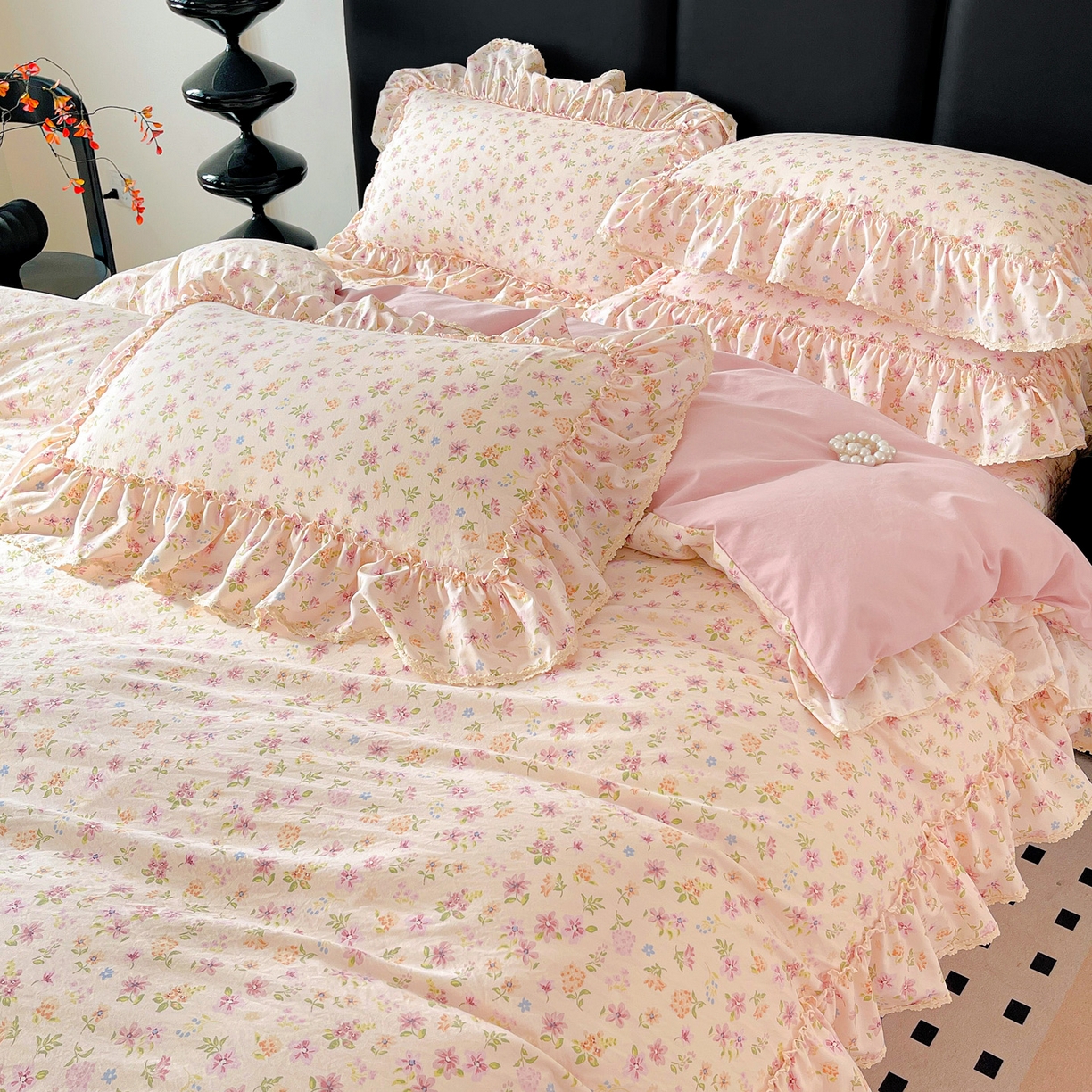 91家纺网 家纺一手货源 找家纺 富米莱（原臻工厂） 2026新款法式大花边A类古法仿棉云感纱床盖床裙四件套 大花边-花意飘香