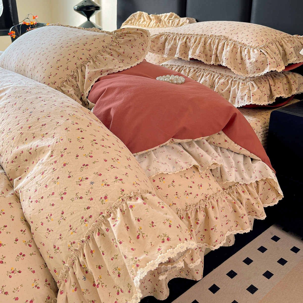 富米莱（原臻工厂） 2026新款法式大花边A类古法仿棉云感纱床盖床裙四件套 大花边-焦糖玫瑰