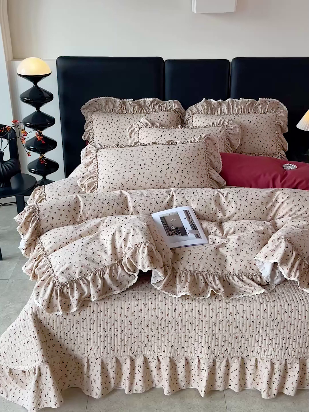 91家纺网 家纺一手货源 找家纺 富米莱（原臻工厂） 2026新款法式大花边A类古法仿棉云感纱床盖床裙四件套 大花边-焦糖玫瑰