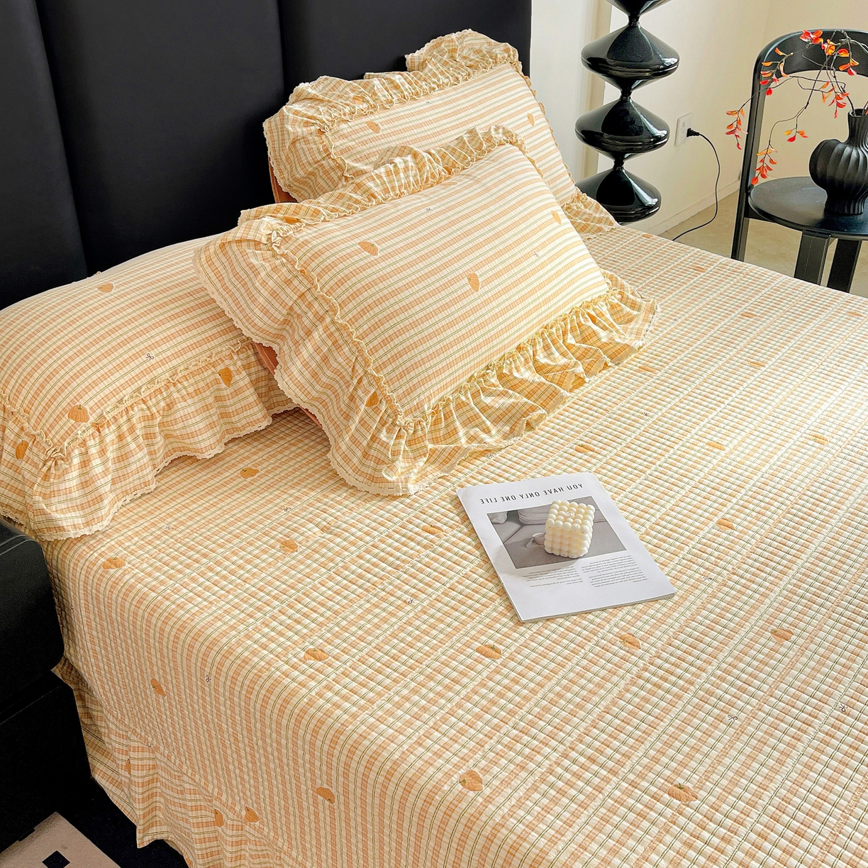 91家纺网 家纺一手货源 找家纺 富米莱（原臻工厂） 2026新款法式大花边A类古法仿棉云感纱床盖床裙四件套 大花边-南瓜格韵