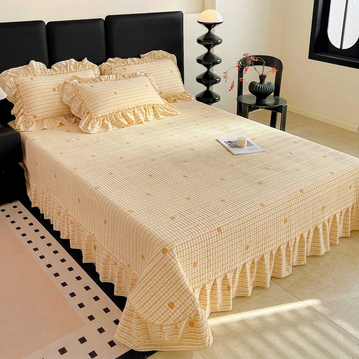 91家纺网 家纺一手货源 找家纺 富米莱（原臻工厂） 2026新款法式大花边A类古法仿棉云感纱床盖床裙四件套 大花边-南瓜格韵