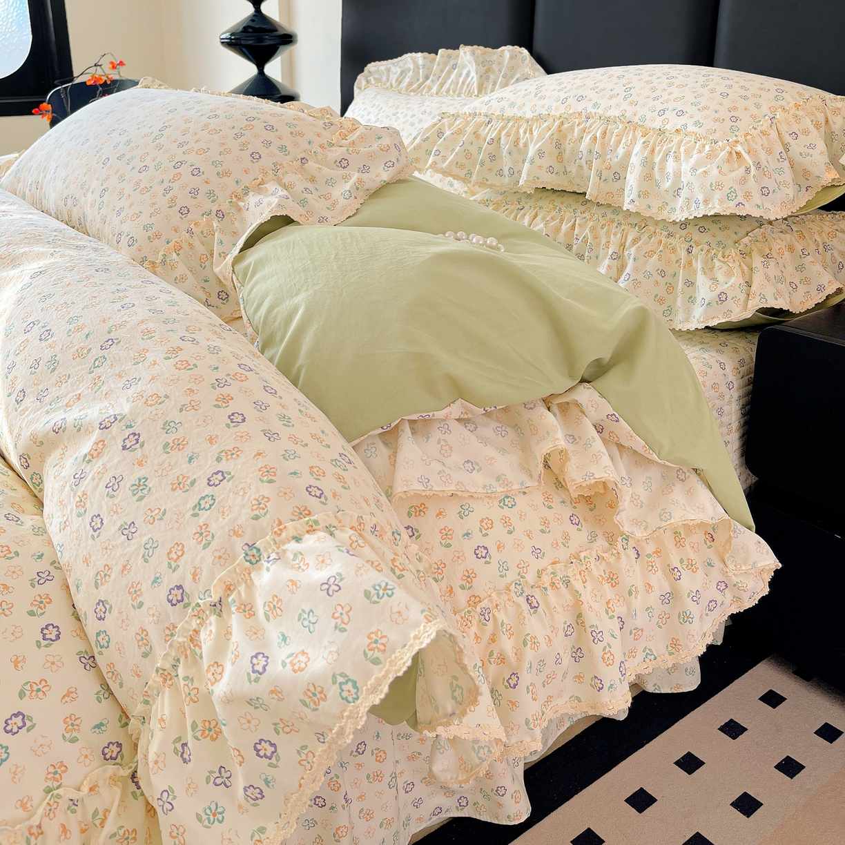 富米莱（原臻工厂） 2026新款法式大花边A类古法仿棉云感纱床盖床裙四件套 大花边-浅绿春韵