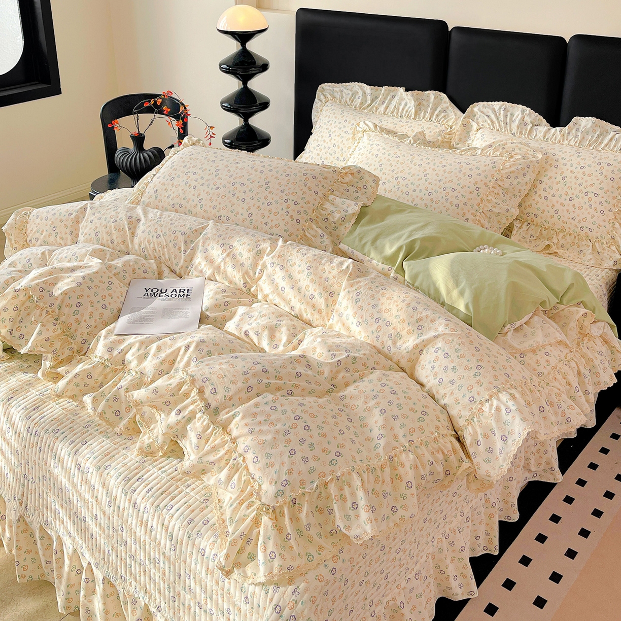 91家纺网 家纺一手货源 找家纺 富米莱（原臻工厂） 2026新款法式大花边A类古法仿棉云感纱床盖床裙四件套 大花边-浅绿春韵