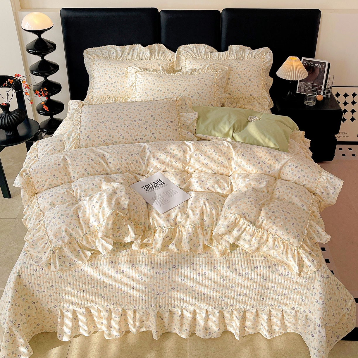 91家纺网 家纺一手货源 找家纺 富米莱（原臻工厂） 2026新款法式大花边A类古法仿棉云感纱床盖床裙四件套 大花边-浅绿春韵