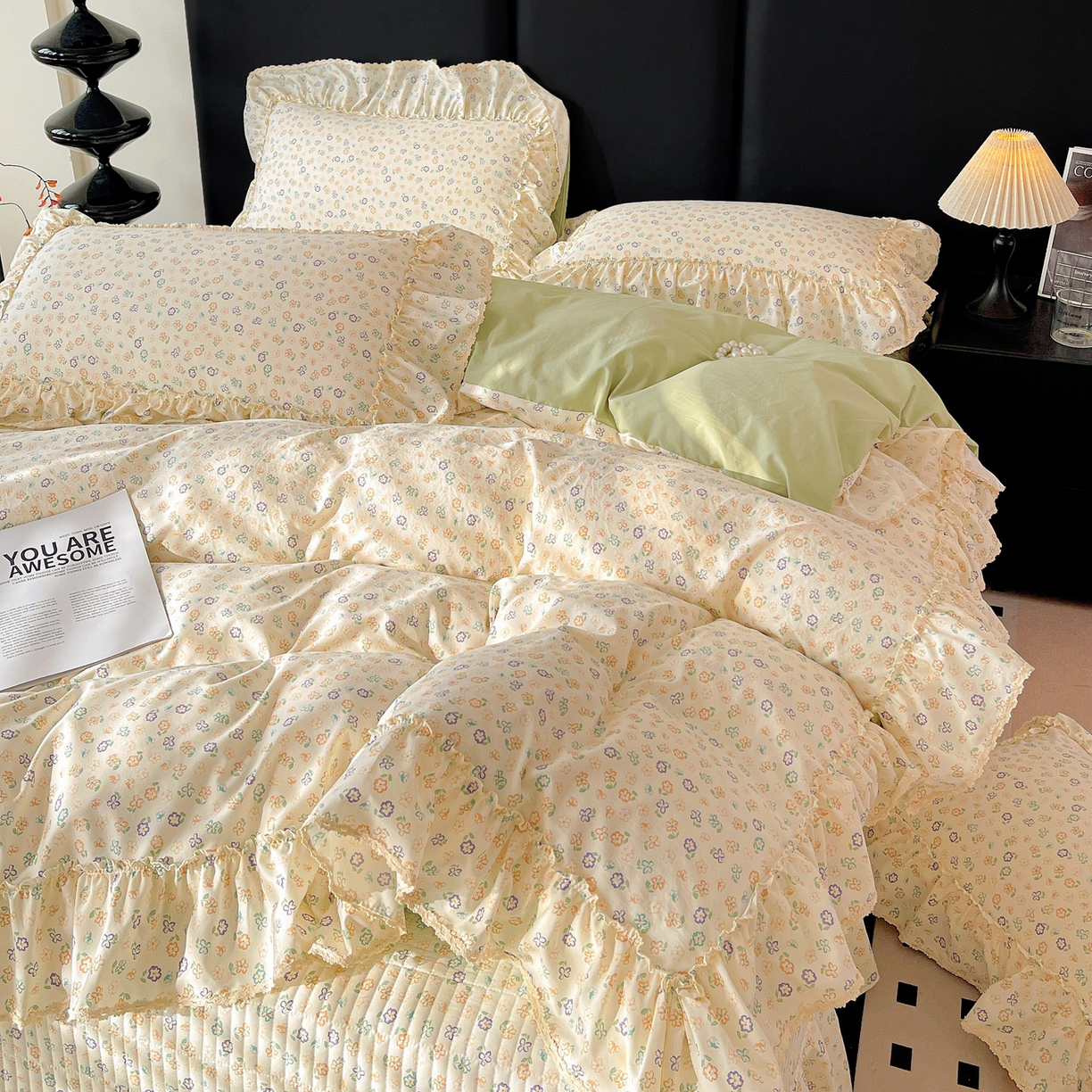 91家纺网 家纺一手货源 找家纺 富米莱（原臻工厂） 2026新款法式大花边A类古法仿棉云感纱床盖床裙四件套 大花边-浅绿春韵