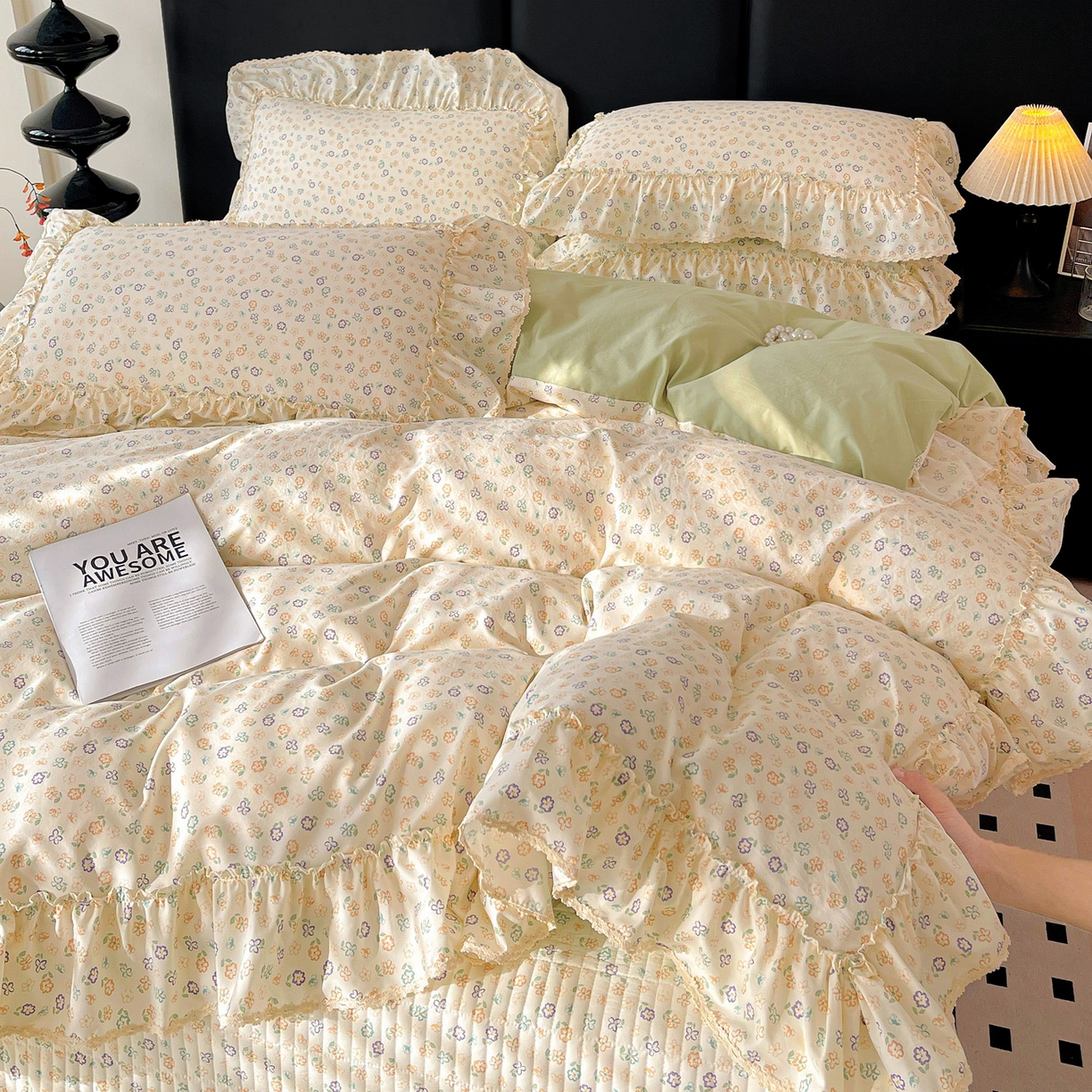 91家纺网 家纺一手货源 找家纺 富米莱（原臻工厂） 2026新款法式大花边A类古法仿棉云感纱床盖床裙四件套 大花边-浅绿春韵