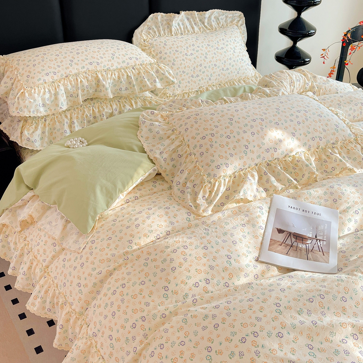 91家纺网 家纺一手货源 找家纺 富米莱（原臻工厂） 2026新款法式大花边A类古法仿棉云感纱床盖床裙四件套 大花边-浅绿春韵