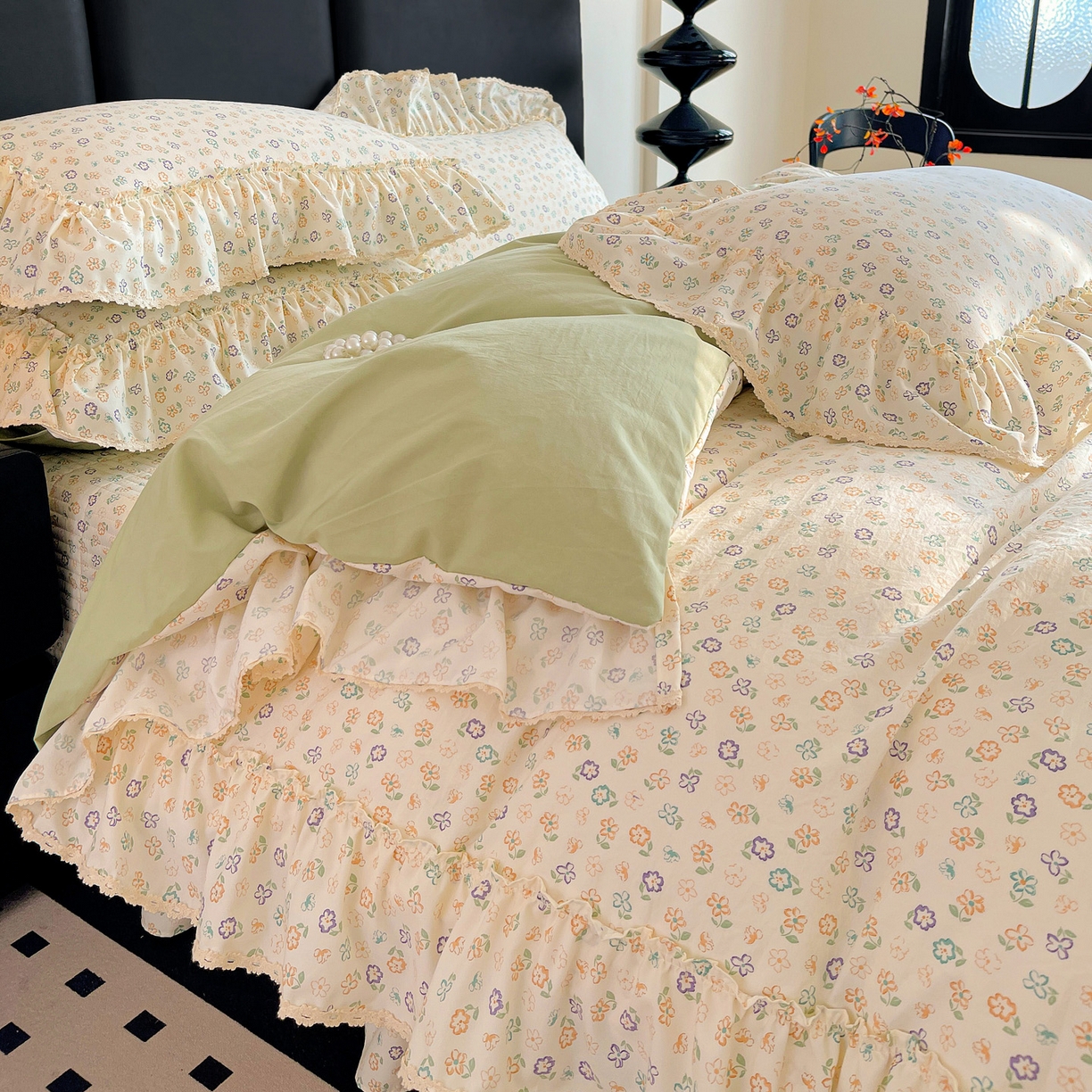 91家纺网 家纺一手货源 找家纺 富米莱（原臻工厂） 2026新款法式大花边A类古法仿棉云感纱床盖床裙四件套 大花边-浅绿春韵