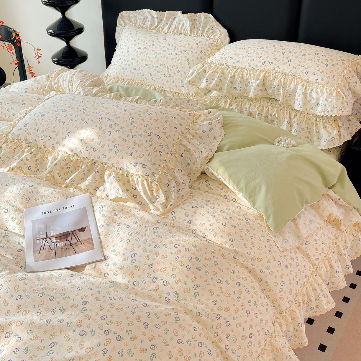 91家纺网 家纺一手货源 找家纺 富米莱（原臻工厂） 2026新款法式大花边A类古法仿棉云感纱床盖床裙四件套 大花边-浅绿春韵