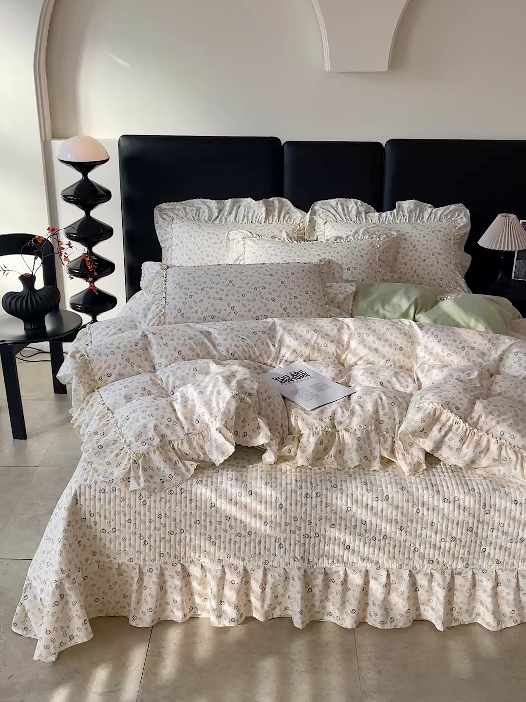 91家纺网 家纺一手货源 找家纺 富米莱（原臻工厂） 2026新款法式大花边A类古法仿棉云感纱床盖床裙四件套 大花边-浅绿春韵