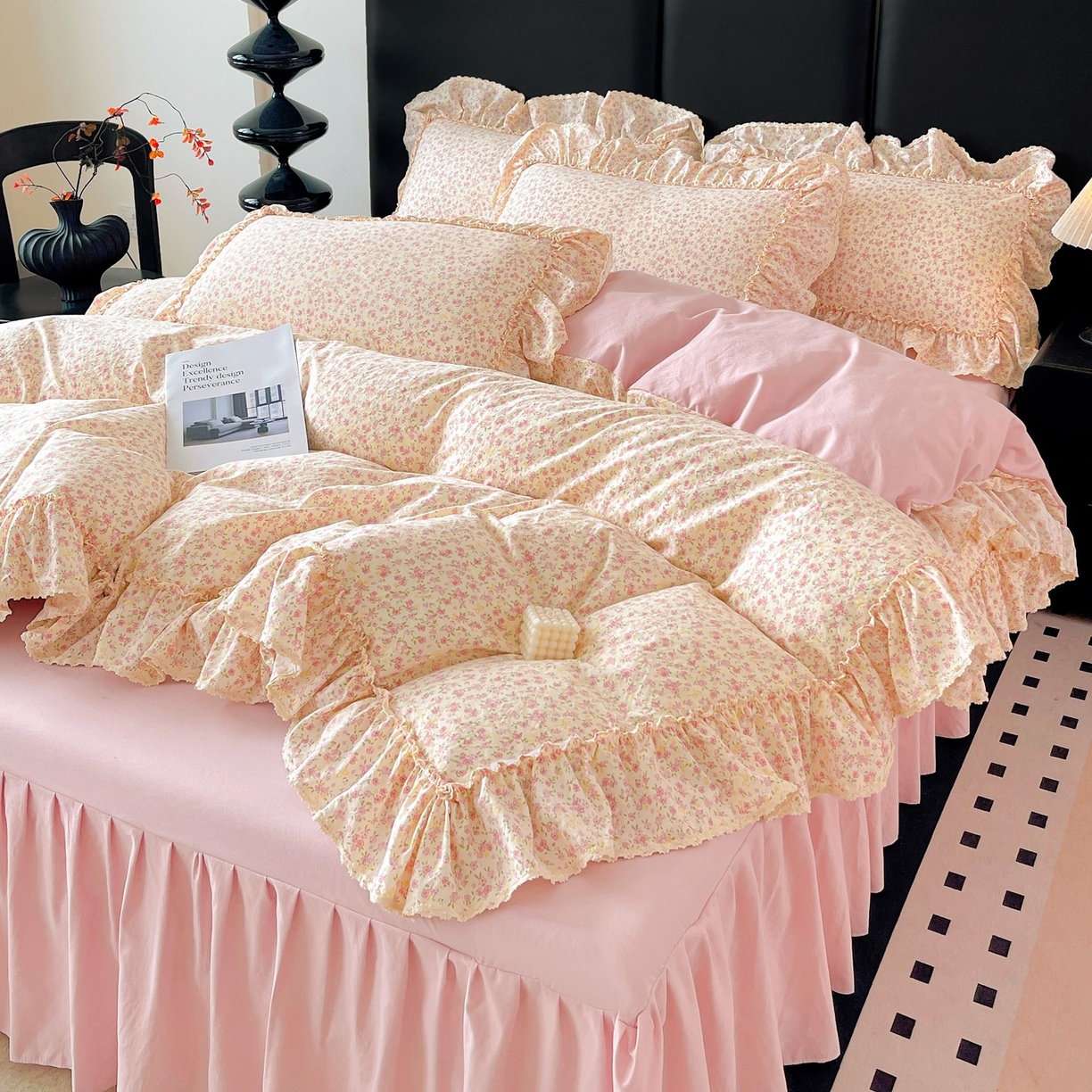 91家纺网 家纺一手货源 找家纺 富米莱（原臻工厂） 2026新款法式大花边A类古法仿棉云感纱床盖床裙四件套 大花边-小幸运