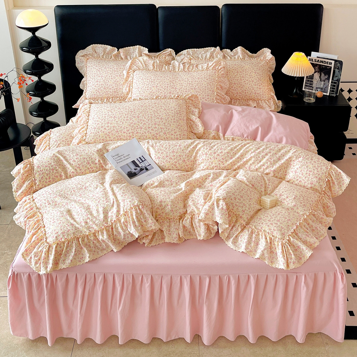 91家纺网 家纺一手货源 找家纺 富米莱（原臻工厂） 2026新款法式大花边A类古法仿棉云感纱床盖床裙四件套 大花边-小幸运