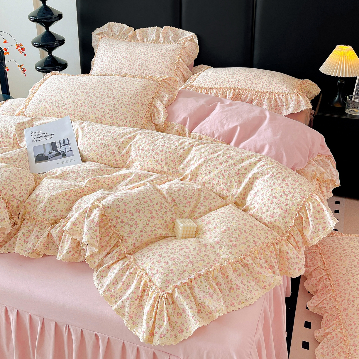 91家纺网 家纺一手货源 找家纺 富米莱（原臻工厂） 2026新款法式大花边A类古法仿棉云感纱床盖床裙四件套 大花边-小幸运