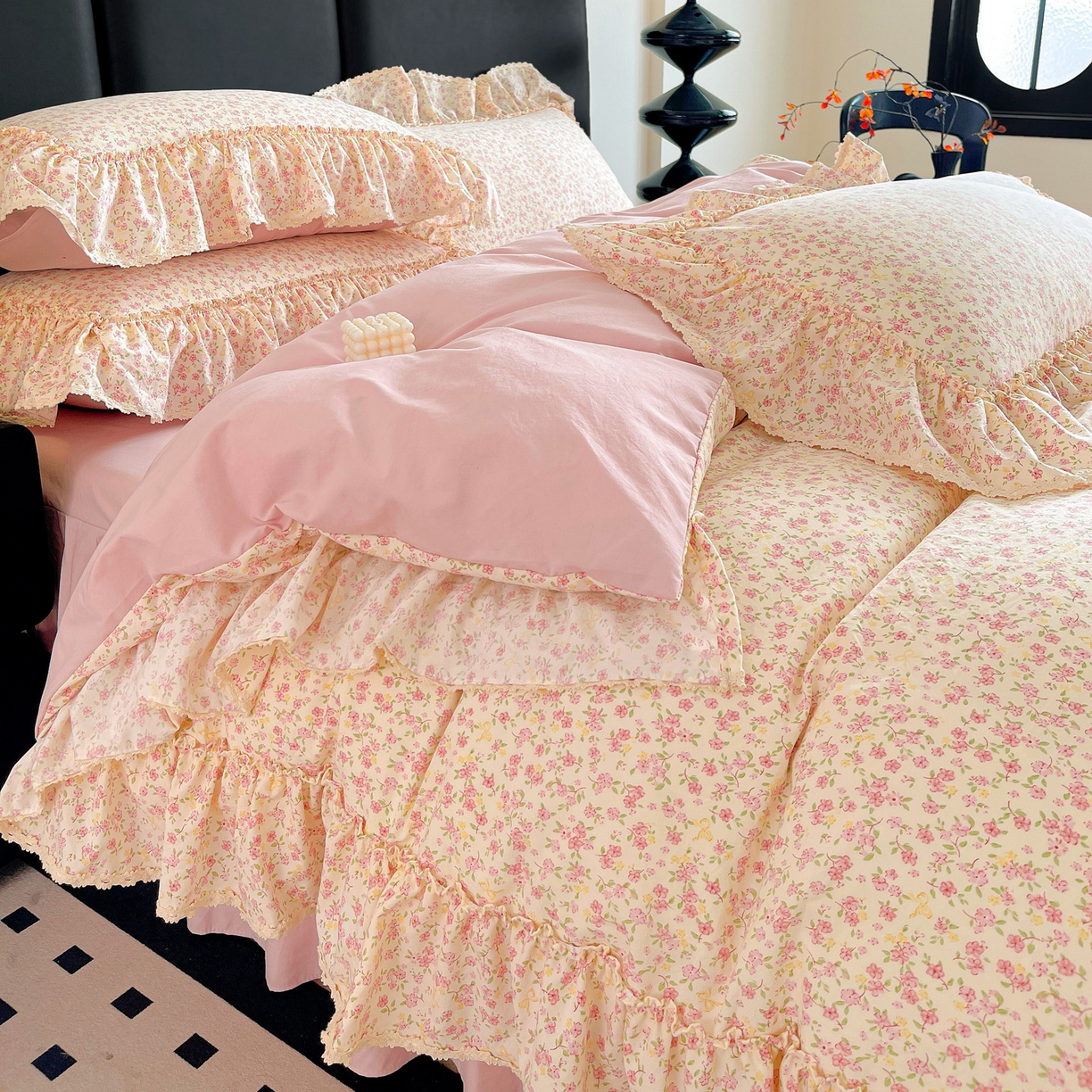 91家纺网 家纺一手货源 找家纺 富米莱（原臻工厂） 2026新款法式大花边A类古法仿棉云感纱床盖床裙四件套 大花边-小幸运