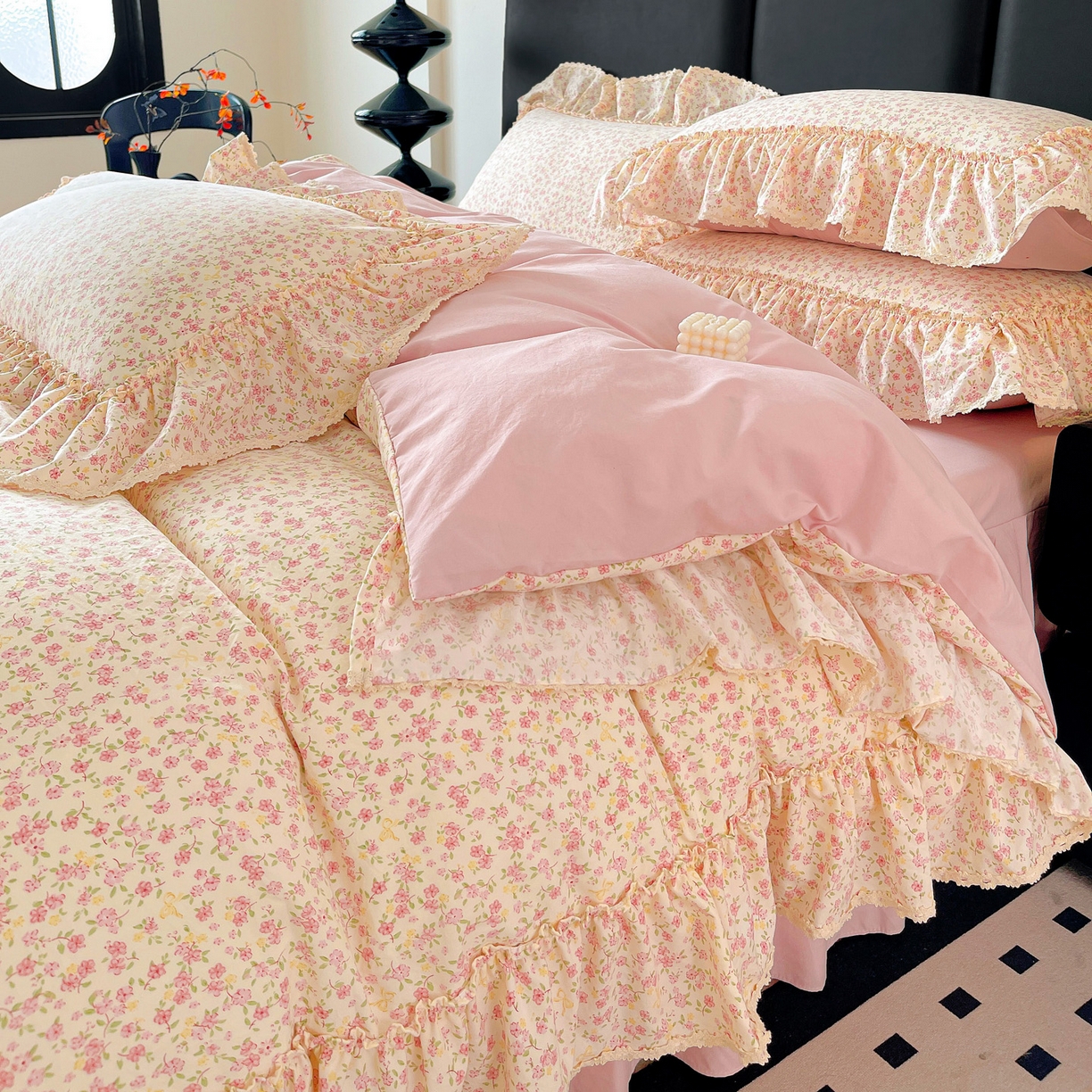 91家纺网 家纺一手货源 找家纺 富米莱（原臻工厂） 2026新款法式大花边A类古法仿棉云感纱床盖床裙四件套 大花边-小幸运