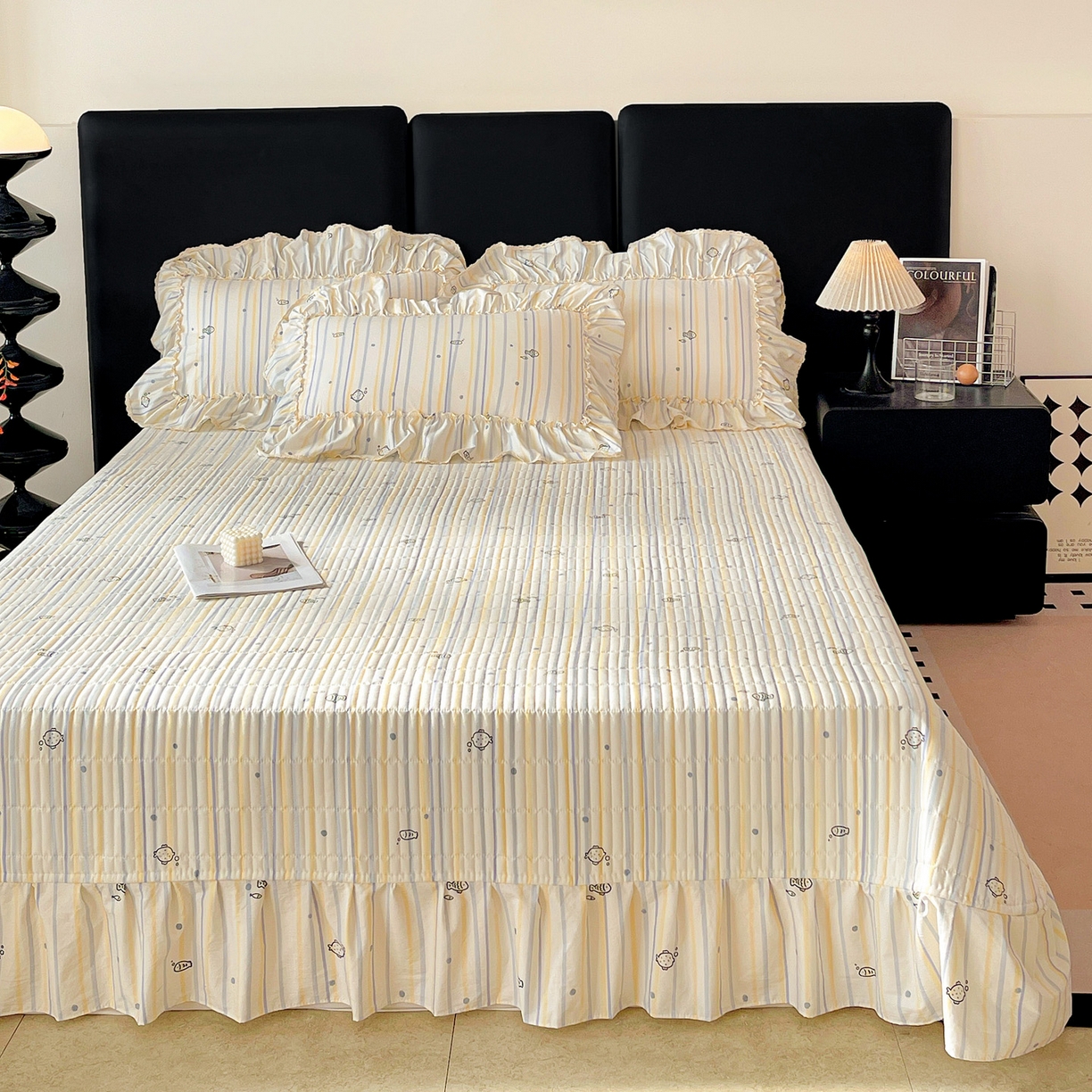 91家纺网 家纺一手货源 找家纺 富米莱（原臻工厂） 2026新款法式大花边A类古法仿棉云感纱床盖床裙四件套 大花边-鱼多多