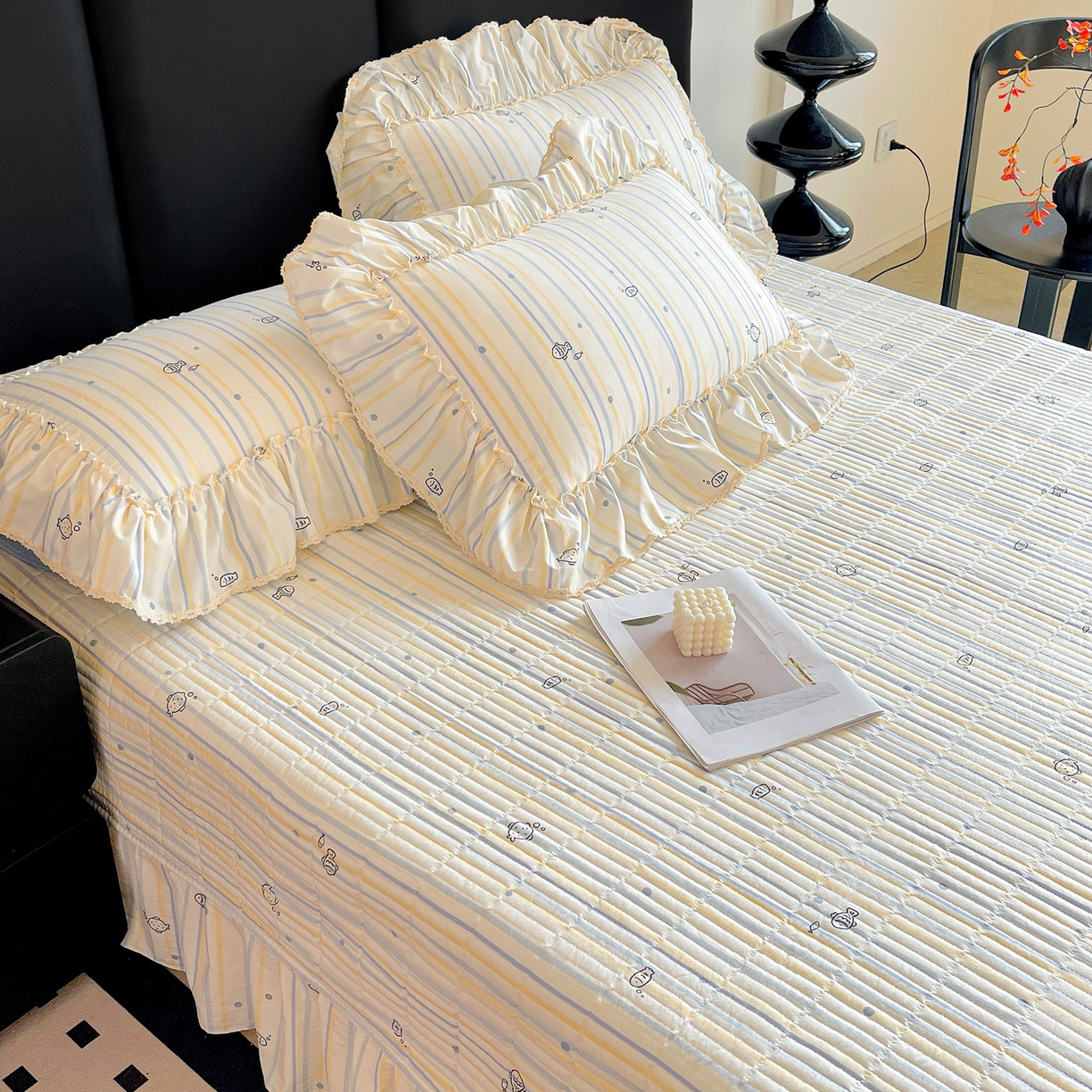 91家纺网 家纺一手货源 找家纺 富米莱（原臻工厂） 2026新款法式大花边A类古法仿棉云感纱床盖床裙四件套 大花边-鱼多多