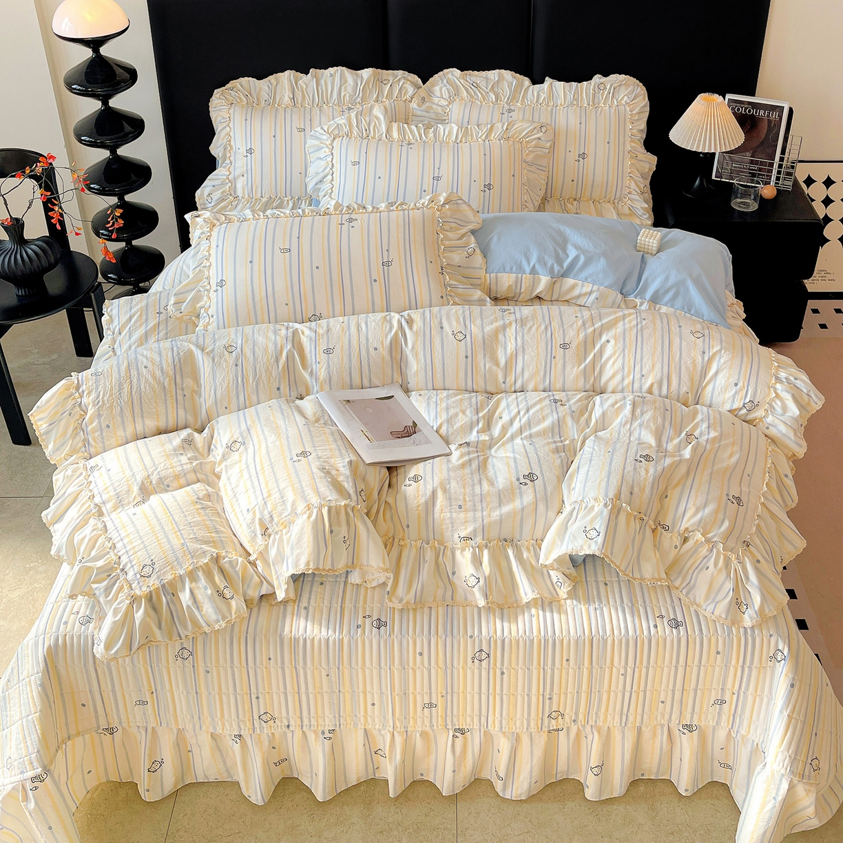 91家纺网 家纺一手货源 找家纺 富米莱（原臻工厂） 2026新款法式大花边A类古法仿棉云感纱床盖床裙四件套 大花边-鱼多多