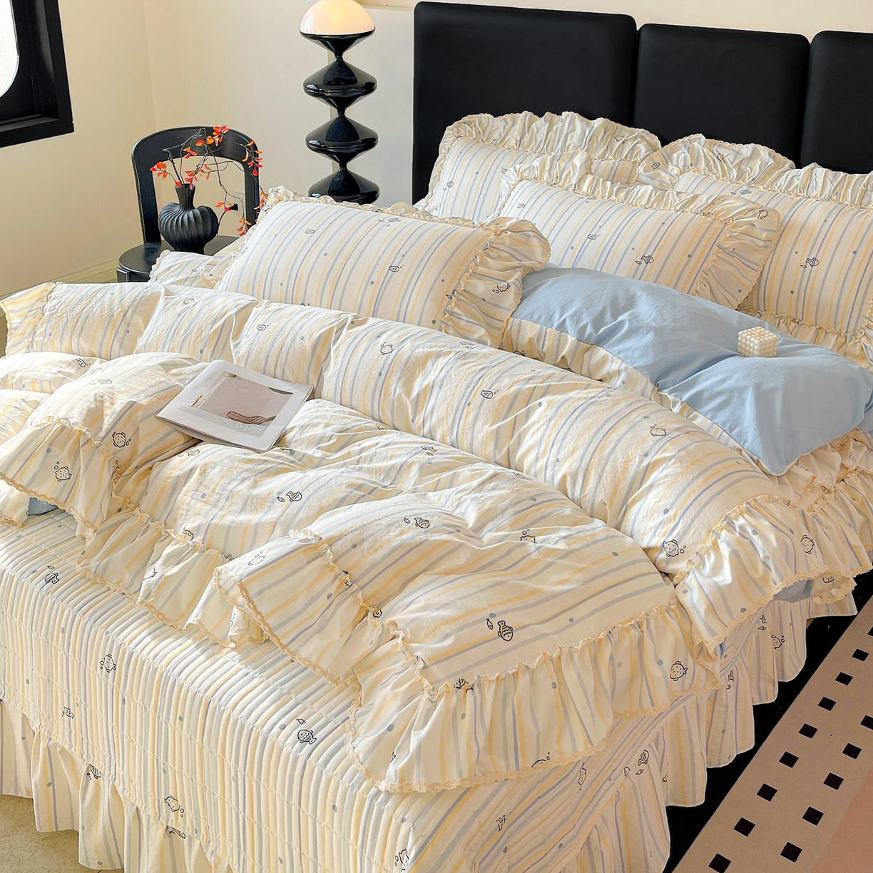 91家纺网 家纺一手货源 找家纺 富米莱（原臻工厂） 2026新款法式大花边A类古法仿棉云感纱床盖床裙四件套 大花边-鱼多多