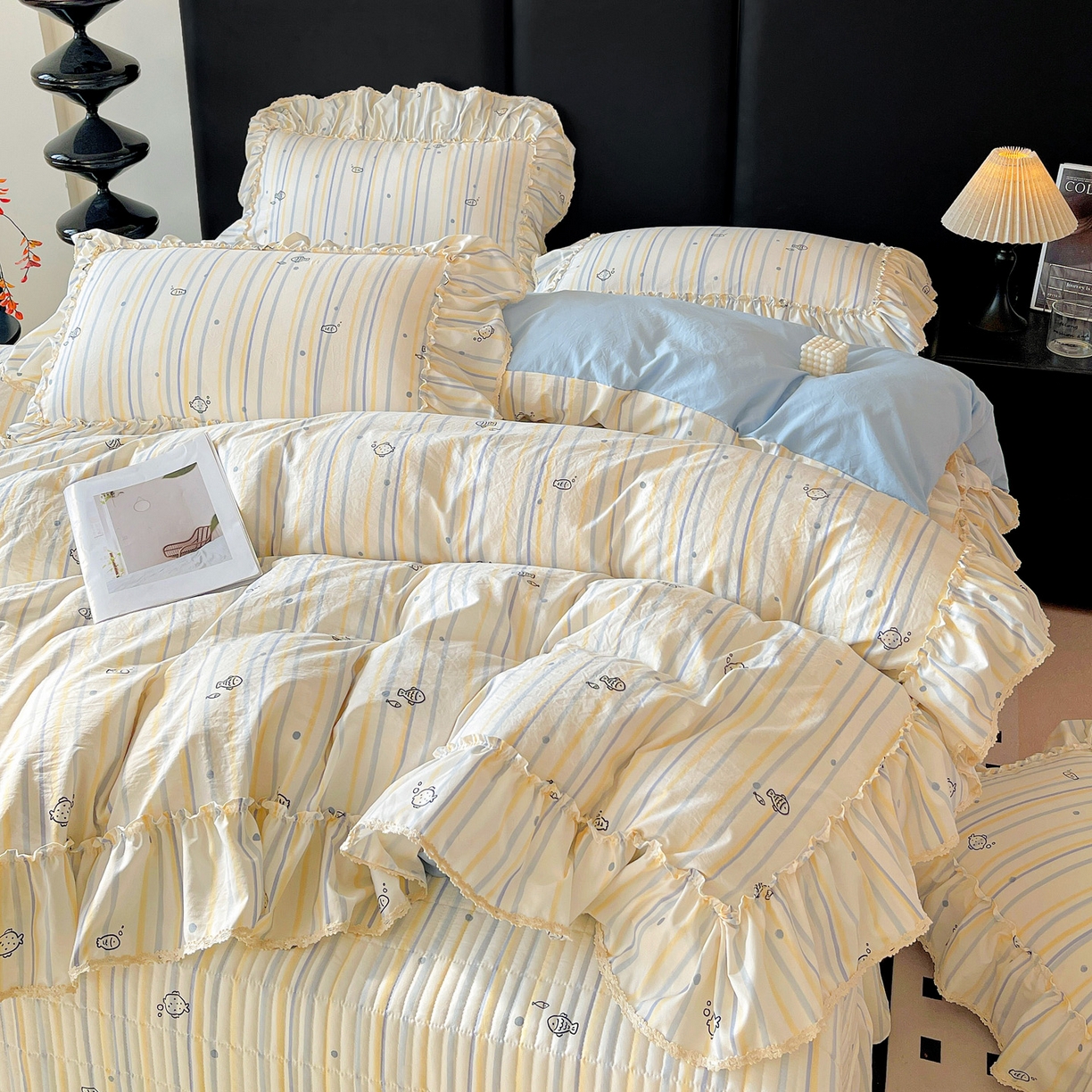 91家纺网 家纺一手货源 找家纺 富米莱（原臻工厂） 2026新款法式大花边A类古法仿棉云感纱床盖床裙四件套 大花边-鱼多多