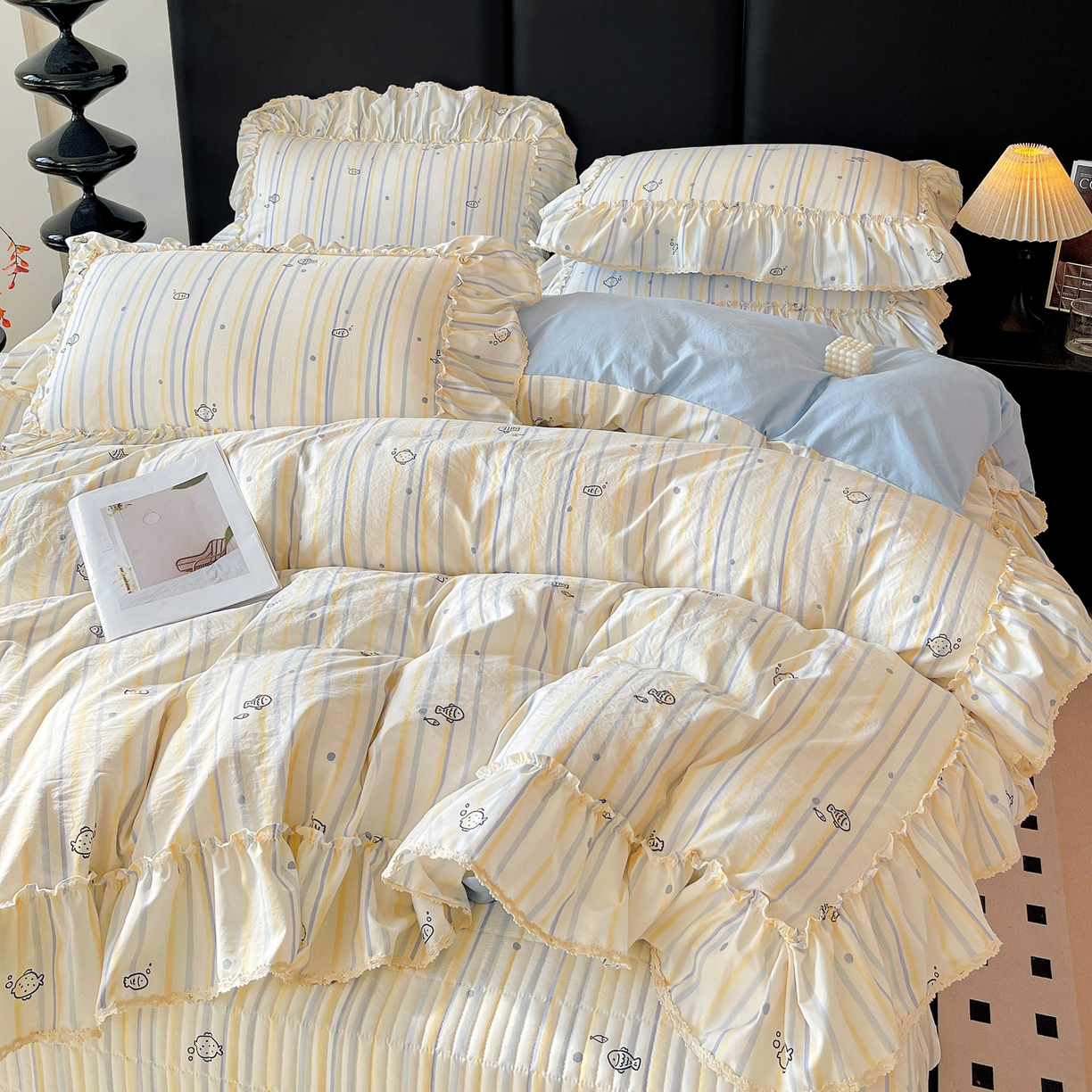 91家纺网 家纺一手货源 找家纺 富米莱（原臻工厂） 2026新款法式大花边A类古法仿棉云感纱床盖床裙四件套 大花边-鱼多多