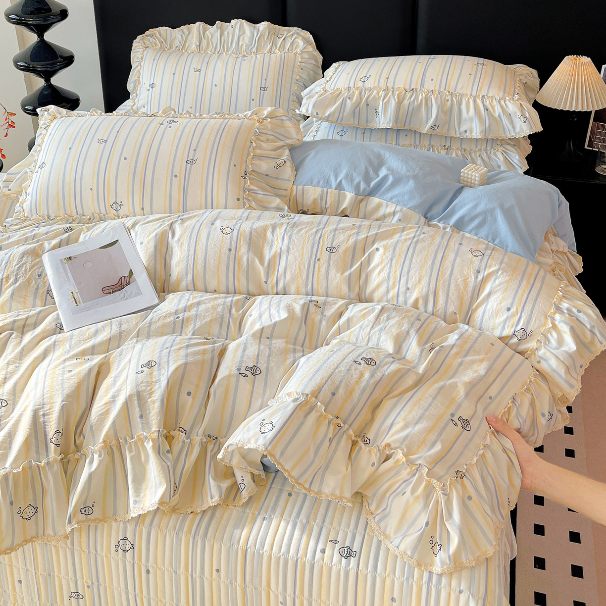 91家纺网 家纺一手货源 找家纺 富米莱（原臻工厂） 2026新款法式大花边A类古法仿棉云感纱床盖床裙四件套 大花边-鱼多多