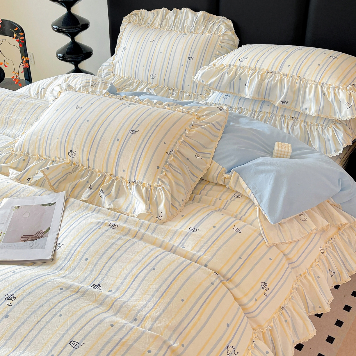 91家纺网 家纺一手货源 找家纺 富米莱（原臻工厂） 2026新款法式大花边A类古法仿棉云感纱床盖床裙四件套 大花边-鱼多多