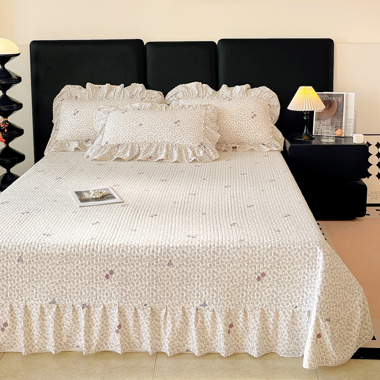 91家纺网 家纺一手货源 找家纺 富米莱（原臻工厂） 2026新款法式大花边A类古法仿棉云感纱床盖床裙四件套 大花边-紫韵花漾