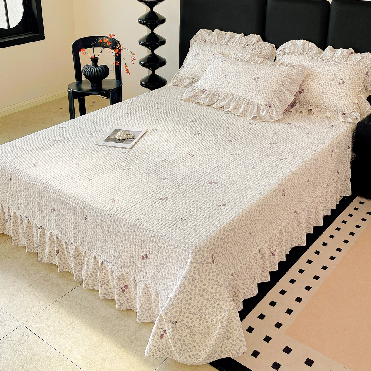 91家纺网 家纺一手货源 找家纺 富米莱（原臻工厂） 2026新款法式大花边A类古法仿棉云感纱床盖床裙四件套 大花边-紫韵花漾