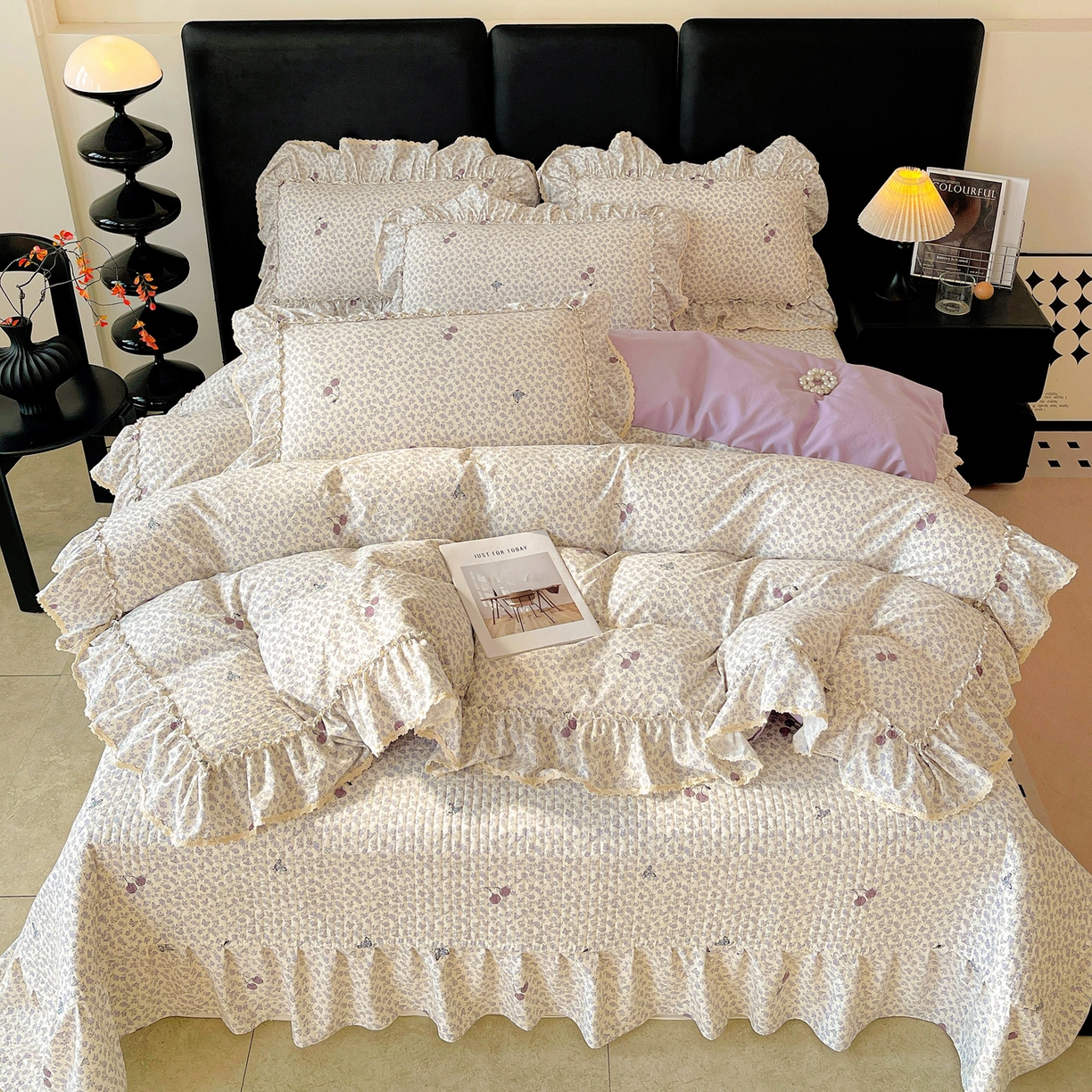 91家纺网 家纺一手货源 找家纺 富米莱（原臻工厂） 2026新款法式大花边A类古法仿棉云感纱床盖床裙四件套 大花边-紫韵花漾