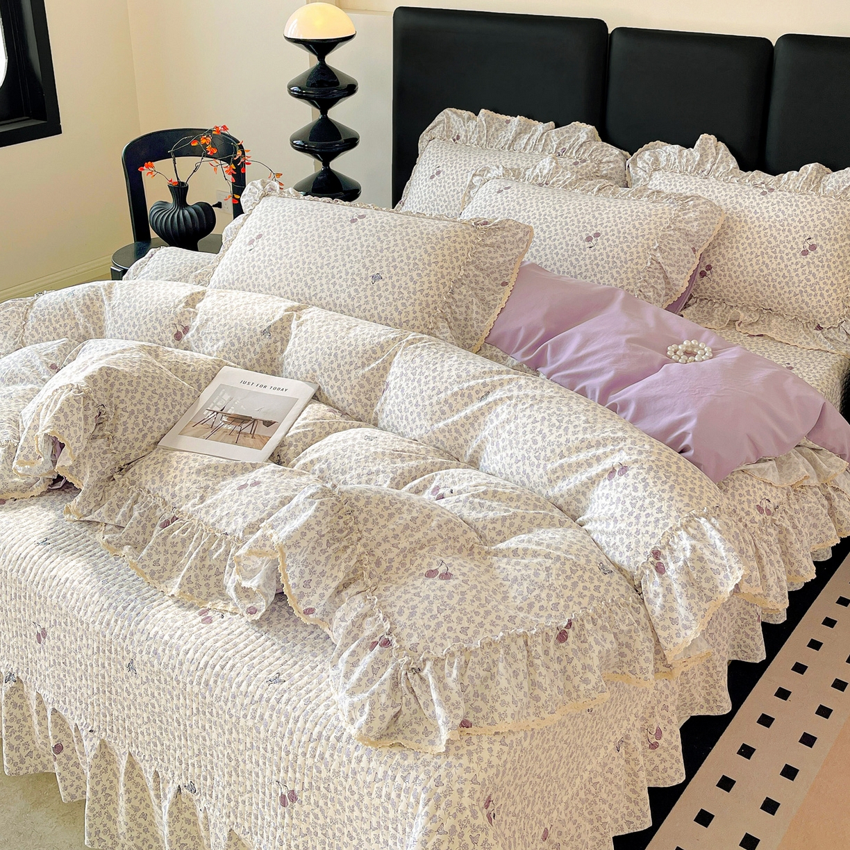 91家纺网 家纺一手货源 找家纺 富米莱（原臻工厂） 2026新款法式大花边A类古法仿棉云感纱床盖床裙四件套 大花边-紫韵花漾