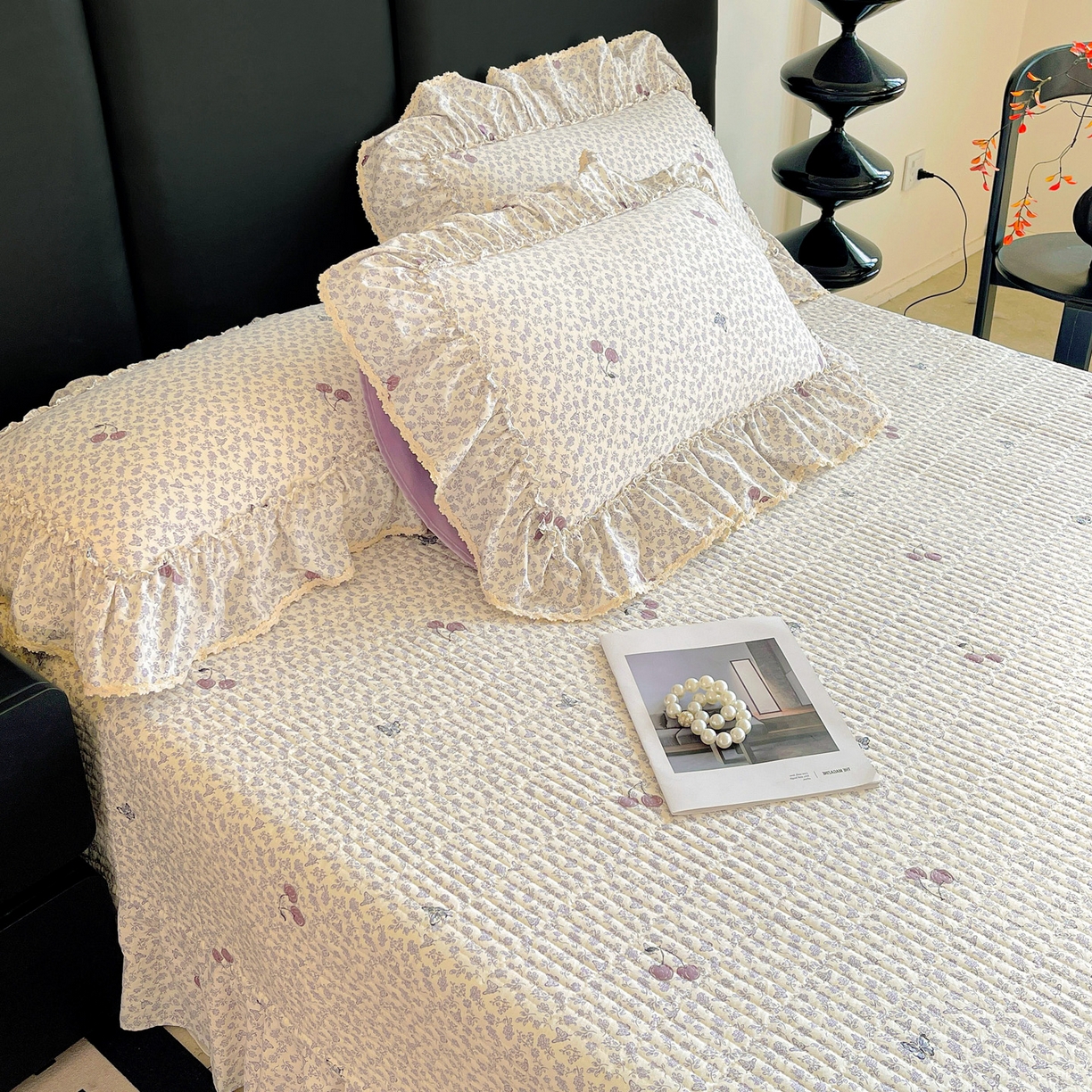 91家纺网 家纺一手货源 找家纺 富米莱（原臻工厂） 2026新款法式大花边A类古法仿棉云感纱床盖床裙四件套 大花边-紫韵花漾