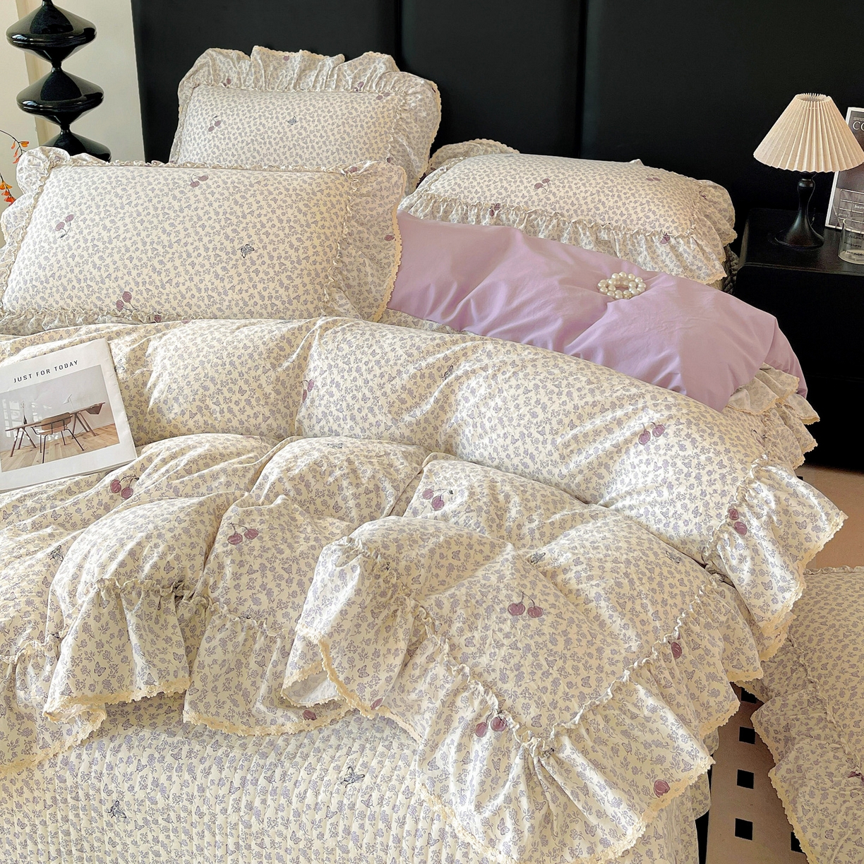 91家纺网 家纺一手货源 找家纺 富米莱（原臻工厂） 2026新款法式大花边A类古法仿棉云感纱床盖床裙四件套 大花边-紫韵花漾