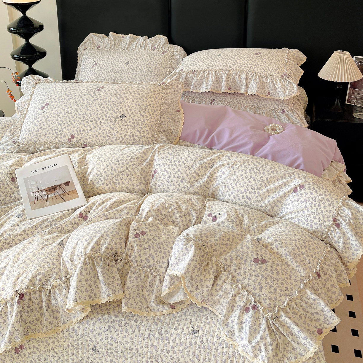 91家纺网 家纺一手货源 找家纺 富米莱（原臻工厂） 2026新款法式大花边A类古法仿棉云感纱床盖床裙四件套 大花边-紫韵花漾